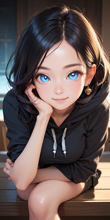 baby face, short black hair,messy hair,wavy hair, (photorealistic:1.4), (masterpiece, sidelights, exquisite beautiful eyes: 1.5), masterpiece*portrait, realistic, 3D face,kawaii face,front view: 1.5、 (glowing blue eyes:1.2),(tareme:1.5)、light smile,Rosy Mouth,Slim Body, shiny hair, shiny skin: 1.5、large breasts:1.3,solo,(sit)、(hoodie)、(charactor focus:1.5、portrait)、upper body,