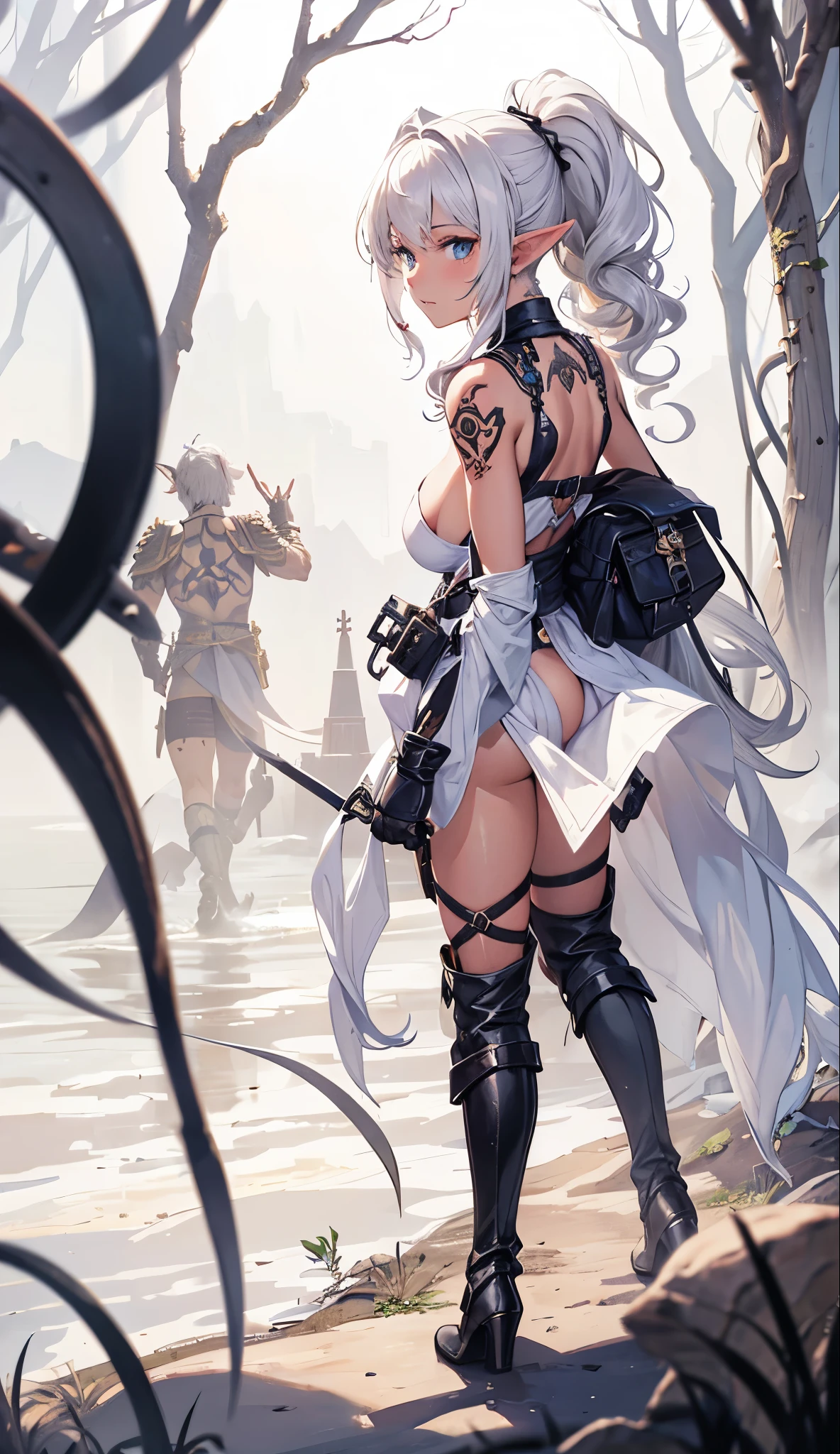 Combat action,closeup cleavage, The world of dreams, Dark Elf Maiden, curly ponytail, with brown skin , Long elven ears, humanoid creature, Light cloth armor, Her skin is brown, brown skin tone, 黑The eye, , Messy White Hair,low heel boots , armour, worn leather boots, tattoo is,bag on back