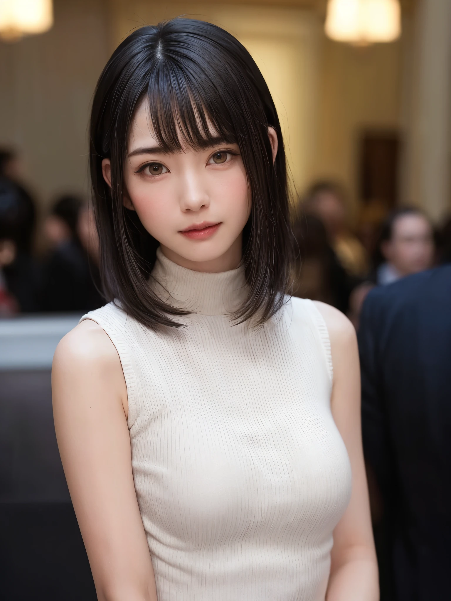 (masutepiece, top-quality、high-detail:1.4、Very attractive beauty、Add intense highlights to the eyes、Look firmly at the camera:1.4、A beautiful woman full of charm、Ideal ratio body proportions、Perfect Anatomy、Brunette Short Bob Hair、Lustrous hair、bangss:1.4、光沢のあるbangss:1.4、lipgloss),1girl in, report, Light brown shiny hair, muffler,realisitic, looking at the viewers、Tilt your head slightly, Bright colored crystal light blue eyes, short shiny hair、 White turtleneck outfit with a hole in the center of the chest,Sexy white turtleneck knit sweater with a round hole in the middle of the chest、 s lips, lipgloss, The upper part of the body、big eye、Lashes、A little red in the face、Embarrassing)、((italian road in winter))、((short hair with big eye、Put very strong highlights in your students、{Gigantic|Big|Huge|Mega} breasts:1.4、very Big breasts、gazing at viewer、Very beautiful beauty、Put your ears out、long neck、little smiling、Beautiful teeth、Open your mouth and smile、Heart-shaped pupil))、28 year old、Very cute supermodel、