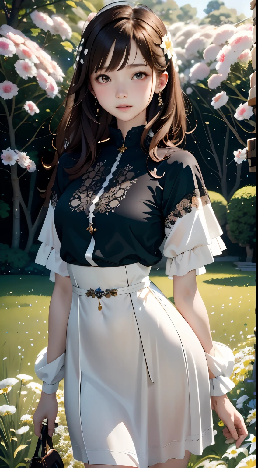 Photorealistic, High resolution, Soft light,1womanl, １６years old、、Japanese、Solo, hips up high, glistning skin, (Detailed face),Jewelry, Brown hair, short-cut、white dress flower field,(Dynamic Angle:1.1),Vivid,Soft and warm color palette, Delicate brushwork, Targeted use of light and shadow, Wide Shot,The deliciousness of wilted flowers,High contrast,Color contrast,masuter piece:1.3、