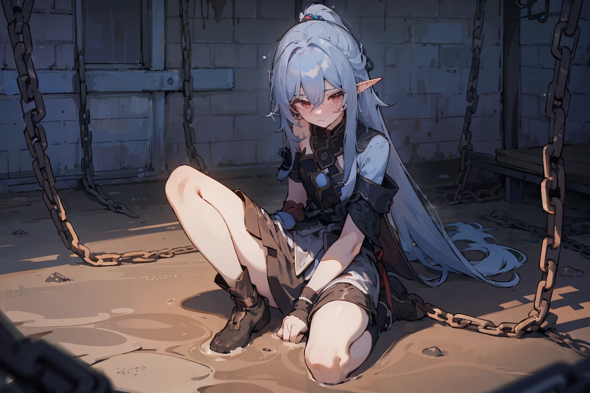 ((tmasterpiece)), hyper HD, wide wide shot, 电影灯光, 凌乱的the hair, (Slightly expose the, Slender， Shyness blush), (Tethered to a steel chain like a pet, Heavy), ctextured skin, the hair, cute beautiful, sat on the ground, Dirty basement，the elf