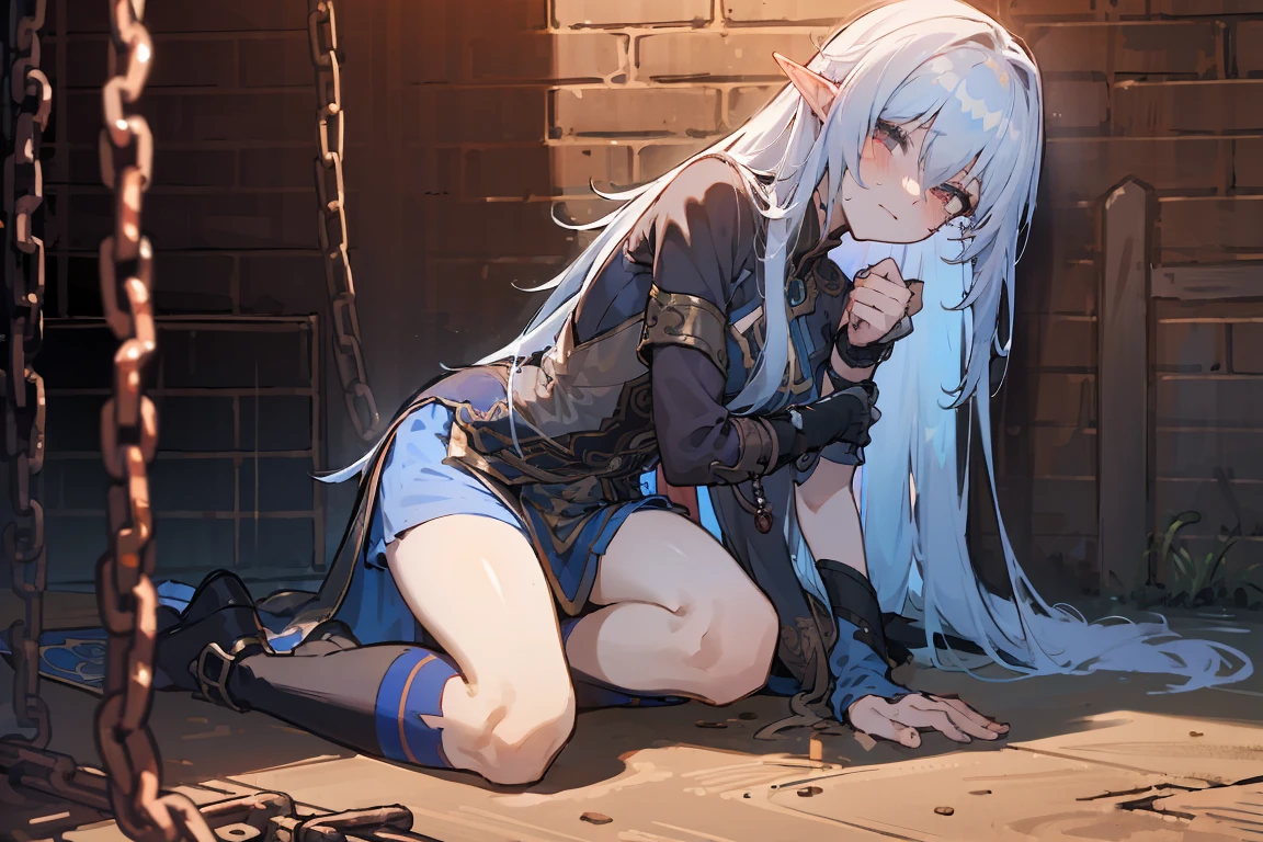 ((tmasterpiece)), hyper HD, wide wide shot, 电影灯光, 凌乱的the hair, (Slightly expose the, Slender， Shyness blush), (Tethered to a steel chain like a pet, Heavy), ctextured skin, the hair, cute beautiful, sat on the ground, Dirty basement，the elf