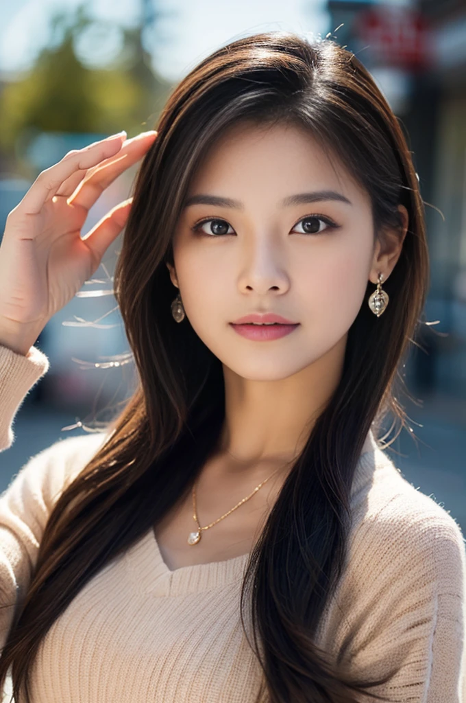 (Photoreal Stick:1.5, masutepiece:1.5, 8K), (top-quality, masterpiece, 超A high resolution), ((Face Sharp Focus)), Professional camera work:1.1, Highly detailed skin and facial texture:1.3,, Grow Light Effect, The ultra-detailliert:1.3, 1girl in, Fair skin, (Sense of clarity:1.5), Extremely beautiful face:1.3, Sense of clarityを感じる目:0.9, Enraptured look:1.0, i love you completely:0.8, slightly open mouth:1.1, Kamimei, Sense of clarityを感じる口当たり:0.7, 二重まぶた, Dark brown medium hair, necklace and earrings