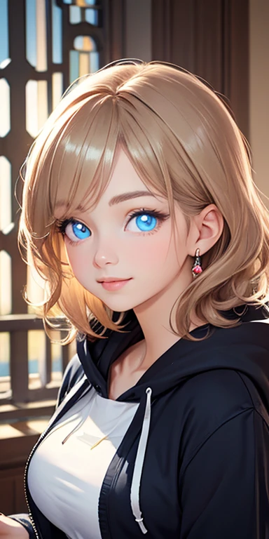 baby face, short black hair,messy hair,wavy hair, (photorealistic:1.4), (masterpiece, sidelights, exquisite beautiful eyes: 1.5), masterpiece*portrait, realistic, 3D face,kawaii face,front view: 1.5、 (glowing blue eyes:1.2),(tareme:1.5)、light smile,Rosy Mouth,Slim Body, shiny hair, shiny skin: 1.5、large breasts:1.3,solo,(sit)、(hoodie)、(charactor focus:1.5、portrait)、upper body,