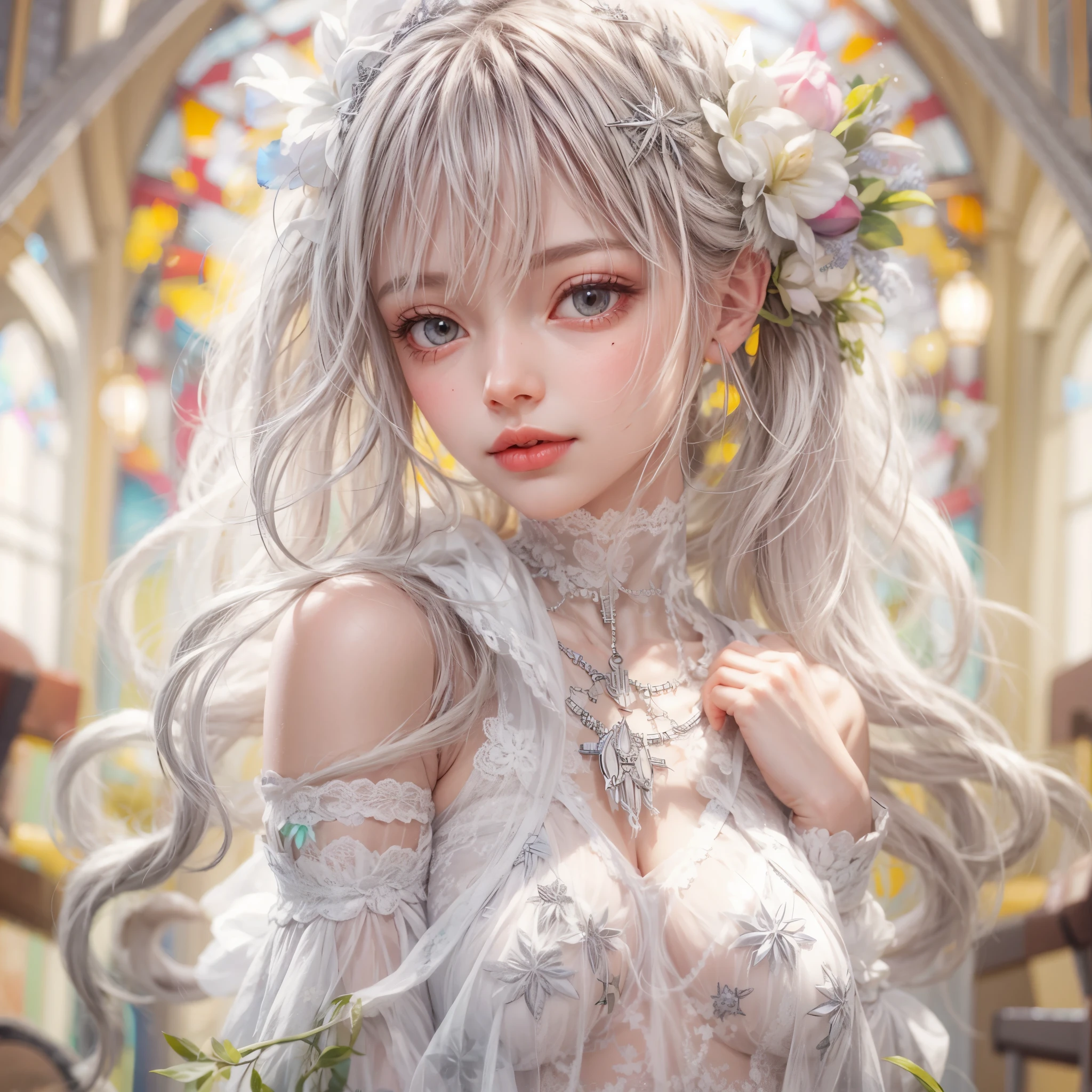 concept art, Tiny junior idol, Delicate lace knitted white clothes, (nipple:-0.9), (face closeup, (Dazzling stained glass Background)), (((Renbutsu Misako), vivid colorful Light shines through delicate stained glass:1.35, Dazzling Halo, Acutance:0.8)), {vivid red |Mystic sight | haze | lense Particle | lens flare | light Particle}. (masterpiece:1.2),(ultra-detailed:1.37),((realistic,photorealistic,photo-realistic:1.37)), (Extremely detailed KAWAII face variations, innocent expression variations), {rosy cheeks | intricate detailed eyes with sparkling highlights | long eyelashes with volume | subtle blush on the face}. impeccable skin texture, captivating gaze, ((Dynamic-angle, physically-based rendering)), whole Body proportions and all limbs are anatomically accurate . full of flowers covering girl's body . (((correct arms, not Detailed fingers:-0.9)))