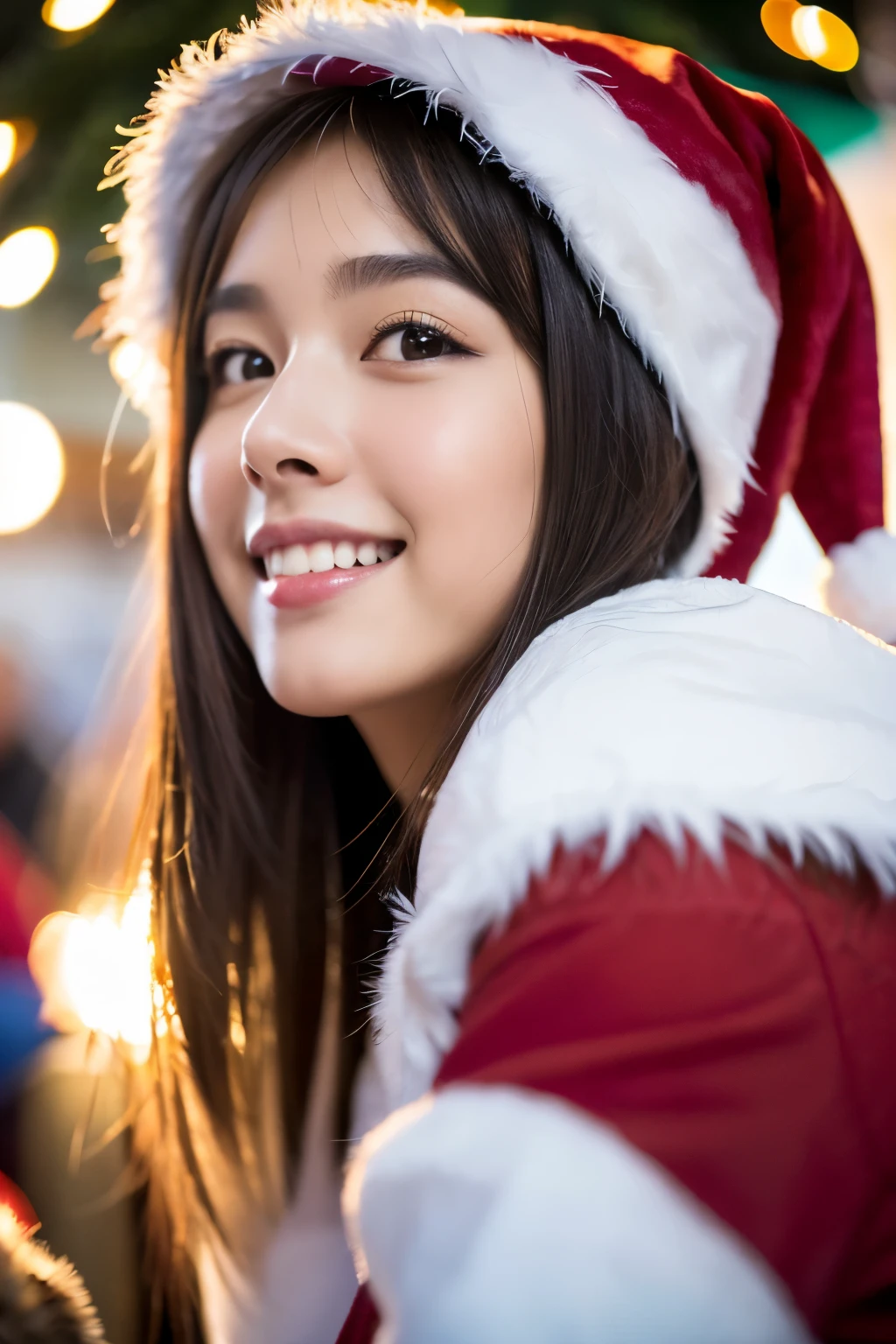 (((Santa Claus Costume))),(((Looking at Viewer:1.5))),(((Shoot a girl from the side))),ulzzang -6500-v1.1, (Raw photo:1.2), (photographrealistic:1.4), a beautiful detailed girl, extremely detailed eye and face, Beautiful detailed eyes, Ultra-detailed, High resolution, top-quality, masterpiece, Highly detailed, 8K Wallpaper, Wonderful, finely detail, top-quality, Light on the Face,电影灯光,1girl in,(Christmas market in Stuttgart),Beautiful eyes,Smile,Opening Mouth