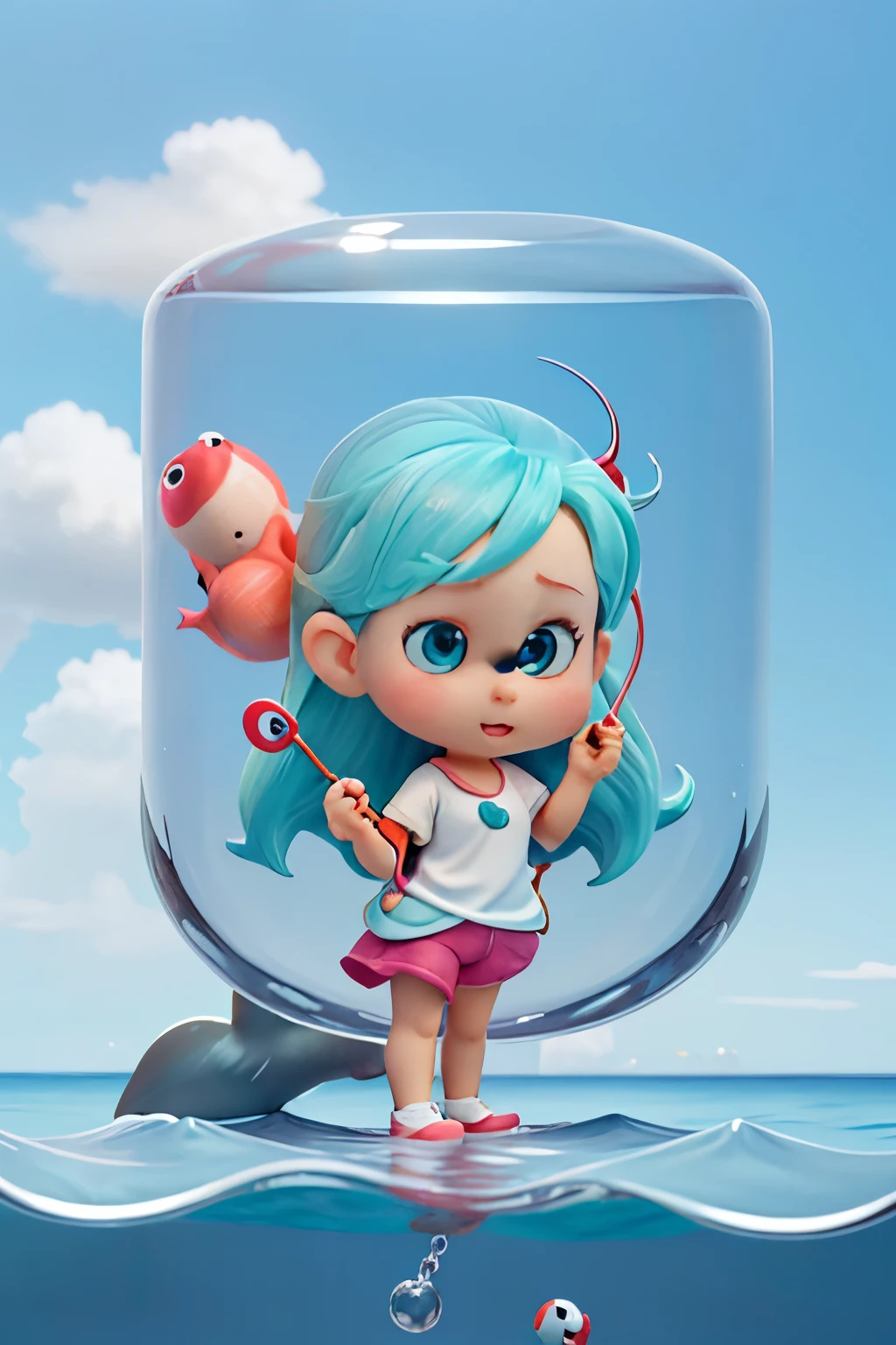 Super cute IP,Bubble Mart style,holding small fish in hand,dolphins,the ocean,pastelcolor,Models,a blind box toy,clean backdrop,frontage,3Drenderingof,Best Picture Quality,4k,White transparent background,