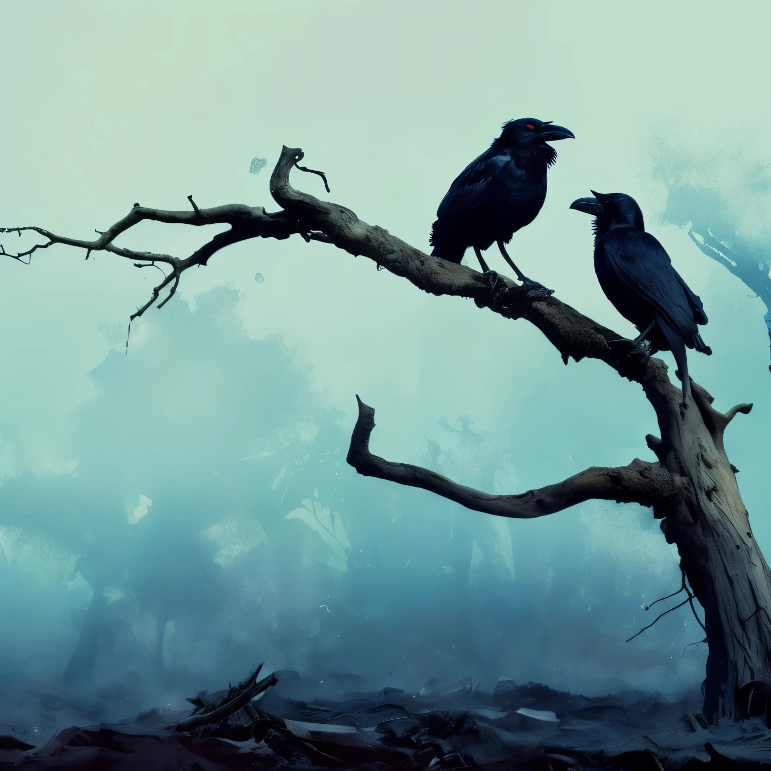Two crows on a dead tree, A shadow shaped like a walker, Starry night, Thick fog on the ground, Blue light on the horizon, Unreal Engine 5, Cinematic, low angle photography, Motion blur, Depth of field, Dust, Cobblestones and dirt. Splash Art, dripping paint. Perfect color grading. Influenced by Karel Appel and Jeremy Mann, Full of dramatic and threatening scenes, Hyper-detailed, Beautiful, insanely details, Intricate details, editorial photography, shot with a 50mm lens, Depth of field, Tilt Blur, Shutter speed 1/1000, f/22. Lightmaps, Super bright