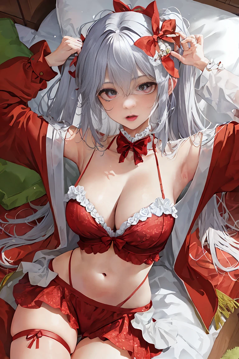 fanciful, (one-girl), Wet with ,crotch, Lodge, the elf, (()) , ((cute big breasts)), middling, White hair, red eyes, navel, woven, (tmasterpiece, Best quality at best), Horizontal lightning, Slender beautiful eyes, rage face, Subordinate chains, Slave collars, (Lie down in bed), frenzied, dyspnea, Be red in the face, perspiring,