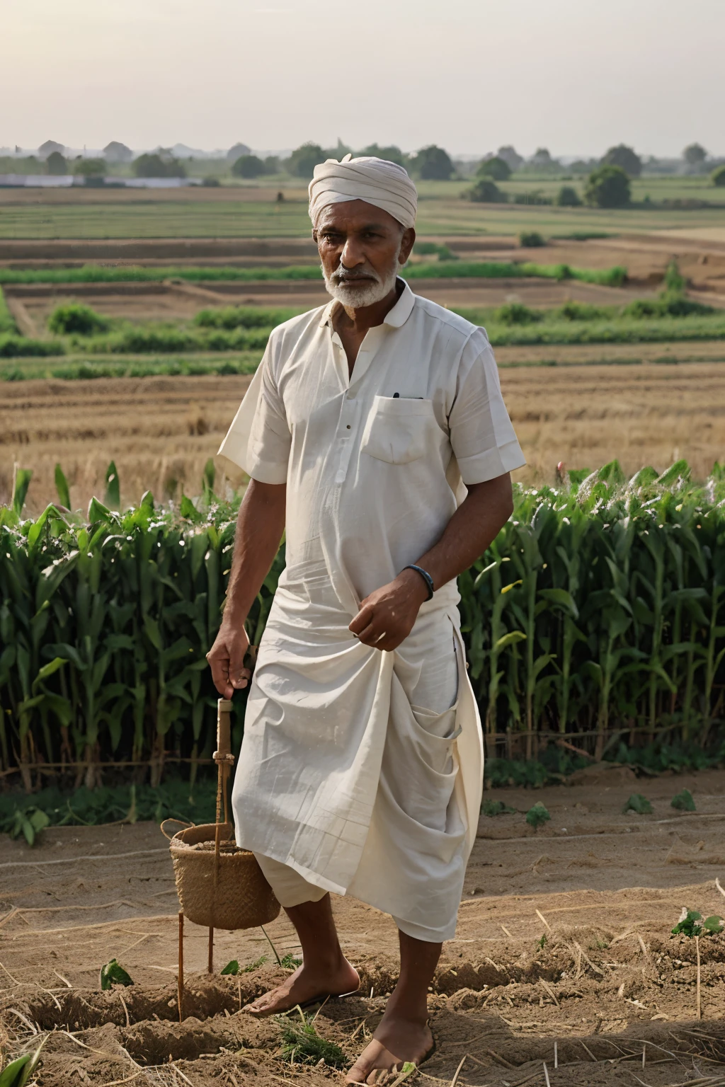 indian maharashtrian 60 year old man farmer in dhoti and kurta wearing white gandhi hat and traditional indian farmer clothes in the wheat farm spreading a uria fertilizer to the farm. farmer is standing into the wheat farm. having fertilizer bag in his hand and spreading it across the farm. at sunset having green greenery behind it