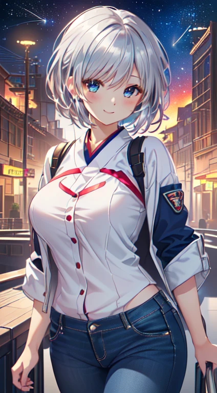 (masutepiece,the Extremely Detailed CG Unity 8K Wallpapers:1.5),(beutiful breast,Farbe_aberration,beautiful detailed shadow,Beautiful eyes,Beautiful body,Beautiful skin,beautifull hands:1.5),(鮮やかやFarbe彩,Realistic, hyper realisitic:1.5),(Curve,Farbe気,Seductive smile:1.5),(Shiny hair,silber hair,茶Farbeい目:1.5),delicate patterns,intricate detailes,red blush,shinny skin,Seductive Anime Girl, [ 8K Digital Art ]!!, beautiful alluring anime woman, painted in anime painter studio, Smooth Anime CG Art, made with anime painter studio, realistic anime 3 d style,Unparalleled beauty, Shiny and firm skin, アッシュ系の茶Farbeの髪を, Beautiful and nice girl,kindly smile,Short hair, White sweater that emphasizes the body line, blouson jacket, snug jeans trousers, (natta, yuki, 積yuki, meteors, starrysky, intergalactic:1.5)