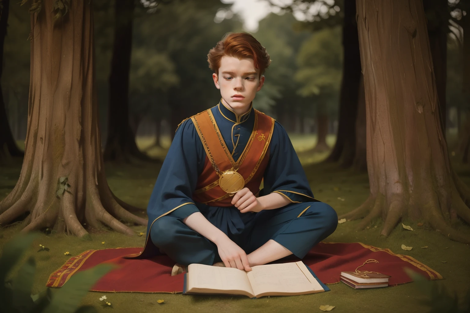 1141, Kingsbridge, England. otherworldly scene in a medieval forest, ((((17-year-old)) Cameron Monaghan)))), sitting on the floor, and reciting a poem, ((concentrated expression)), ((((tunic from the 12th century)))), ((Hairstyle of the 12th century)), ((Wes Anderson cinematic style)), colorful