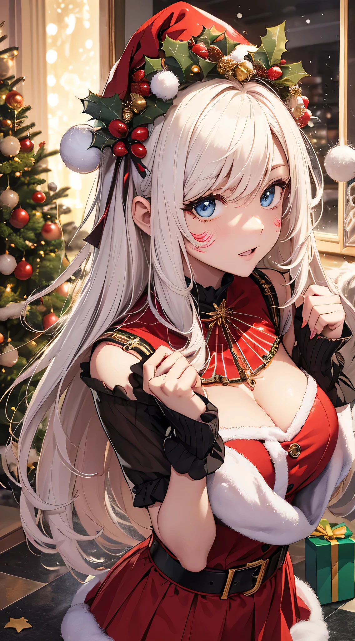 top-quality、Top image quality、masterpiece、teens girl((Cute Santa Costumes、santa style short skirt、santa style tank top、、 Ager、Best Bust、big bast,wide open breasts、Beautiful light blue eyerest, a blond、A slender,Large valleys、Reflecting the whole body、Laugh、dye one's cheeks red、Red Body Paint、Red Face Paint、be shy、heart mark、face to viewer、hold the gift bag in your right hand、Gift Offerings)),hiquality、Beautiful Art、Background with(( natta、snowflakes falling、Nice and clean room.、Christmas Party、Party Venue、Christmas Lights、Christmas tree、)))、masutepiece、depth of fields,