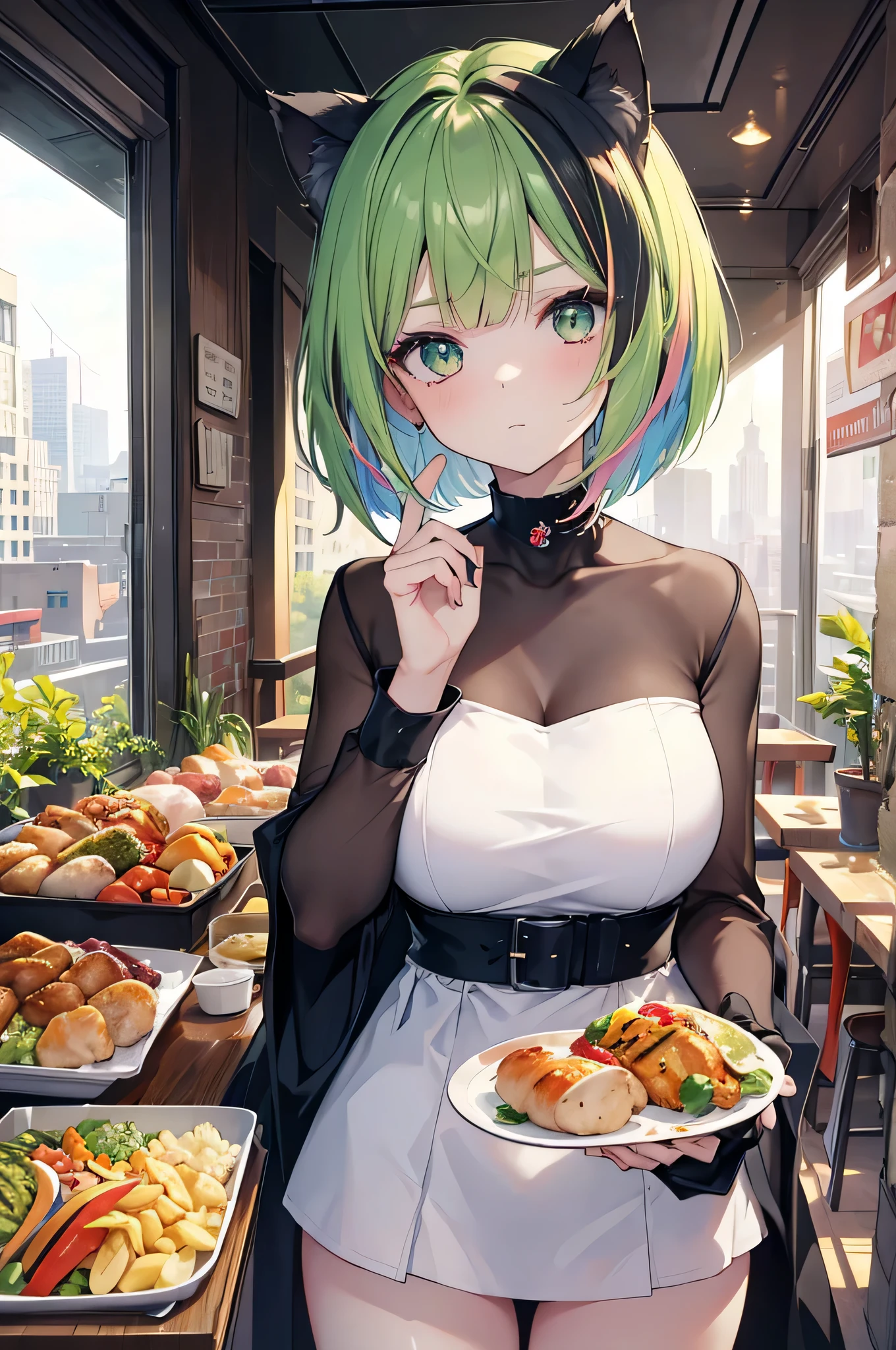 ((masterpiece)), ((best quality)), ((8K)), high resolution, 1girl, cat ears,city, pale skin, large breasts, green eye, multicolored hair, bob cut, gift box, noon, lunch, chicken,