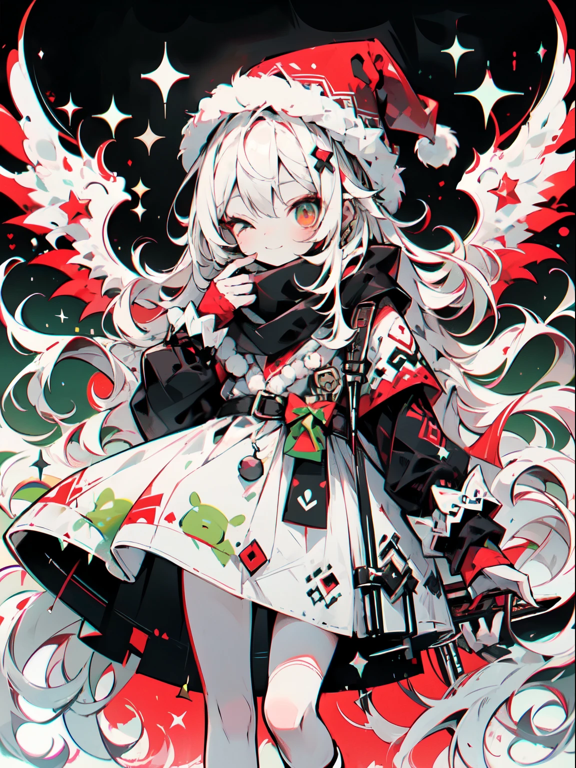 girl wearing christmass dress cotton, silk hair, night background with stars, red scarfs, playing violin, smile, cute, slim, eyes closed, white long messy curly hair, red clous hat, red short dress, slim, angel wings, sexy, poser, comftly, long black and white stripe socks, pretty face, green eye, very clear neat
