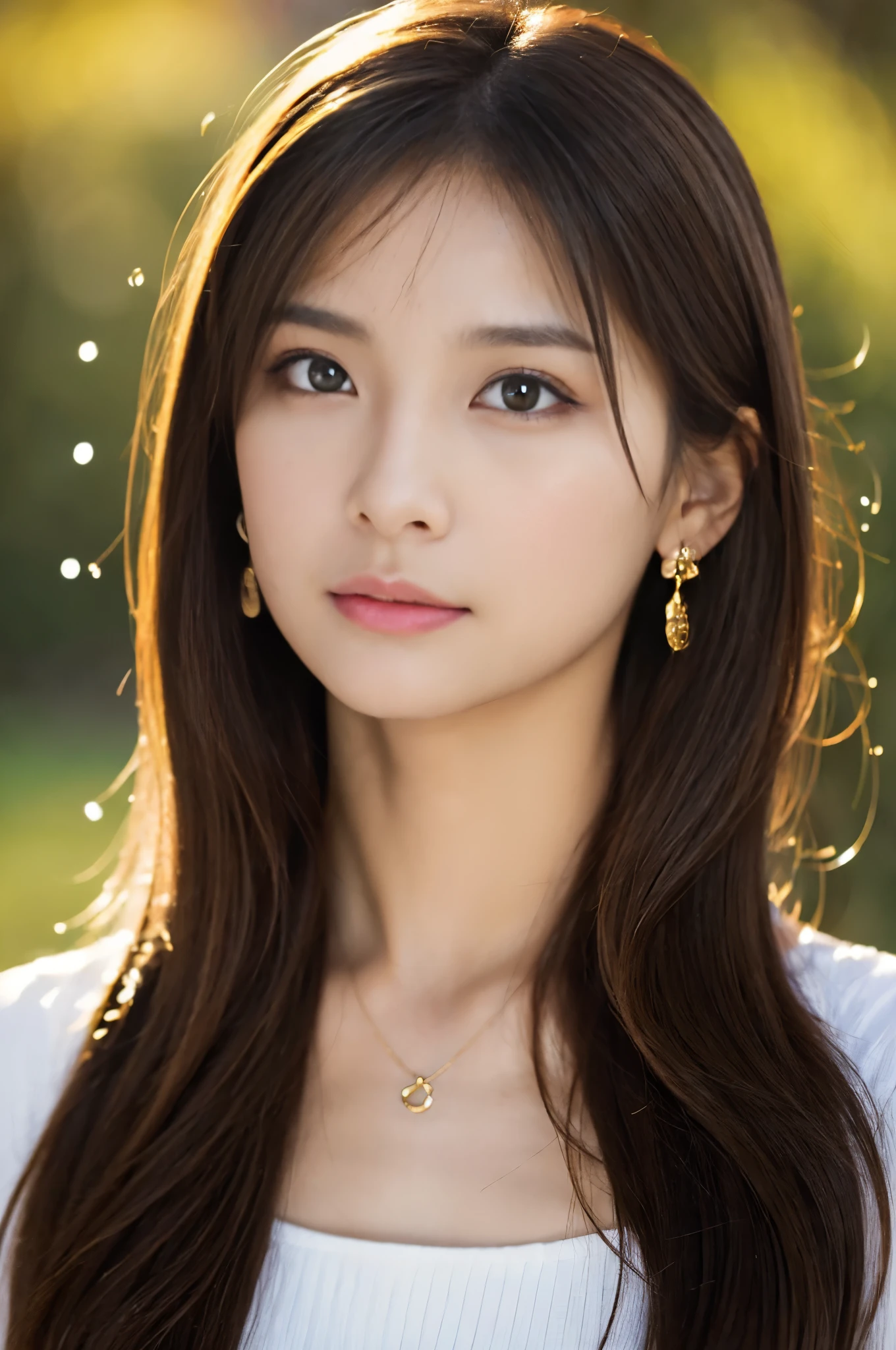 (Photoreal Stick:1.5, masutepiece:1.5, 8K), (top-quality, ​masterpiece, 超A high resolution), ((Face Sharp Focus)), Professional camera work:1.1, Highly detailed skin and facial texture:1.3,, Grow Light Effect, The ultra-detailliert, 1girl in, Fair skin, (Sense of clarity:1.5), Extremely beautiful face:1.3, Sense of clarityを感じる目:0.9, Enraptured look:1.0, i love you completely:0.8, slightly open mouth:1.1, Kamimei, Sense of clarityを感じる口当たり:0.7, Dark brown medium hair, necklace and earrings