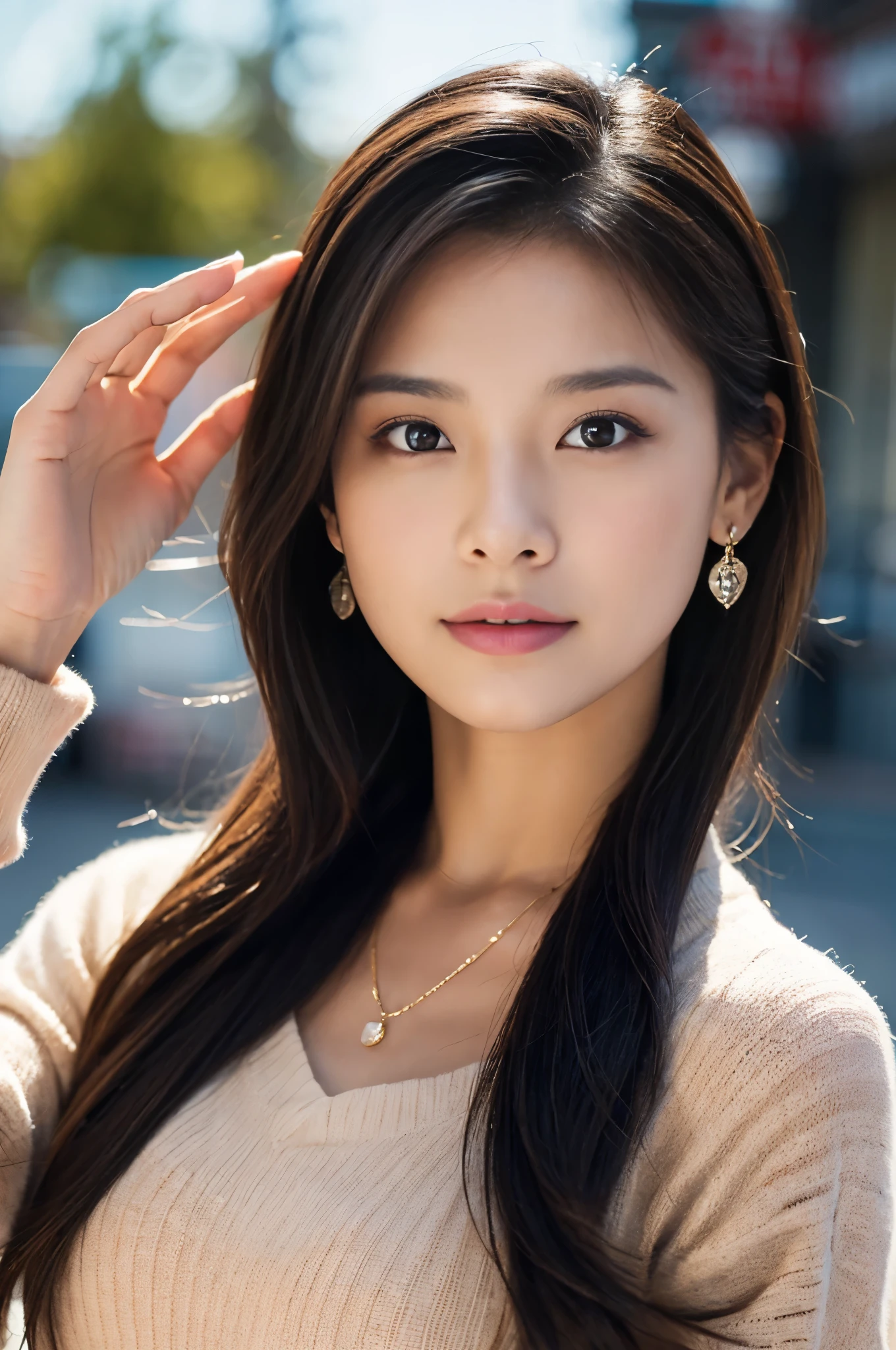 (Photoreal Stick:1.5, masutepiece:1.5, 8K), (top-quality, masterpiece, 超A high resolution), ((Face Sharp Focus)), Professional camera work:1.1, Highly detailed skin and facial texture:1.3,, Grow Light Effect, The ultra-detailliert:1.3, 1girl in, Fair skin, (Sense of clarity:1.5), Extremely beautiful face:1.3, Sense of clarityを感じる目:0.9, Enraptured look:1.0, i love you completely:0.8, slightly open mouth:1.1, Kamimei, Sense of clarityを感じる口当たり:0.7, 二重まぶた, Dark brown medium hair, necklace and earrings