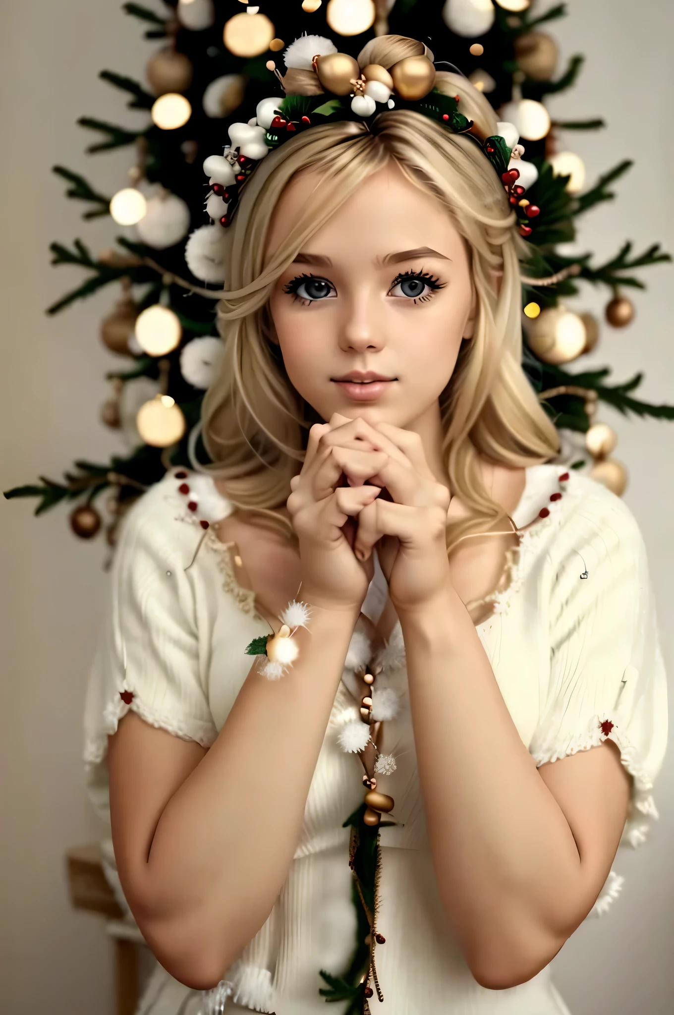 blonde girl put her hands together in Christmas prayer, fundo de estilo de natal, (luzes de corda:0.4)