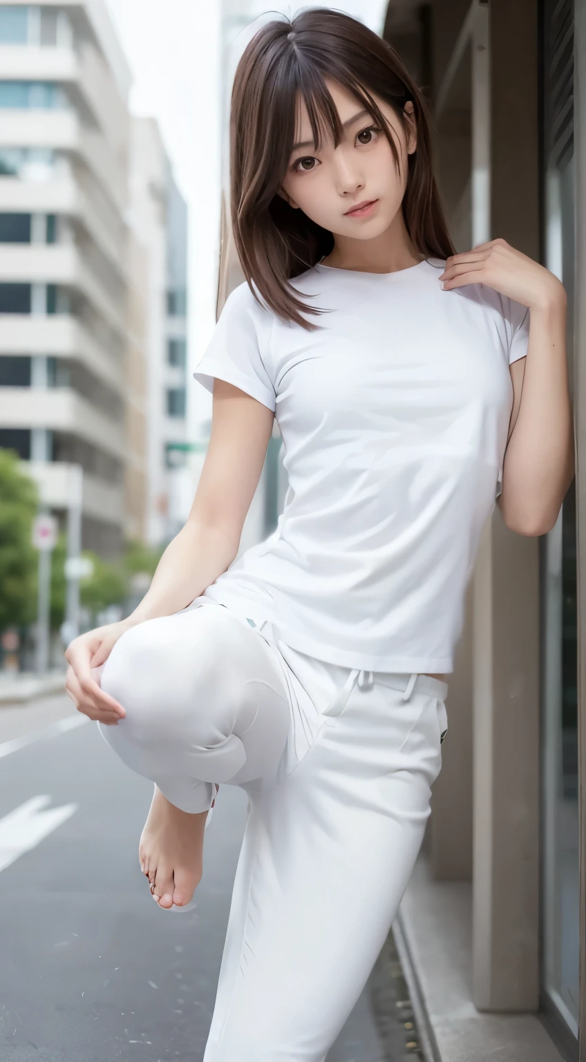 top-quality、​masterpiece、超A high resolution、(realisitic:1.4)、Beautuful Women１、Beautiful detail eyes、smile、Light brown short-cut hair, She is Wearing a shirt and long pants posing for a photo, gorgeous chinese model, photo of girl model, IG-Modell, beautiful female model, on the street, shirt, white shirt, long tight pants, medium breast