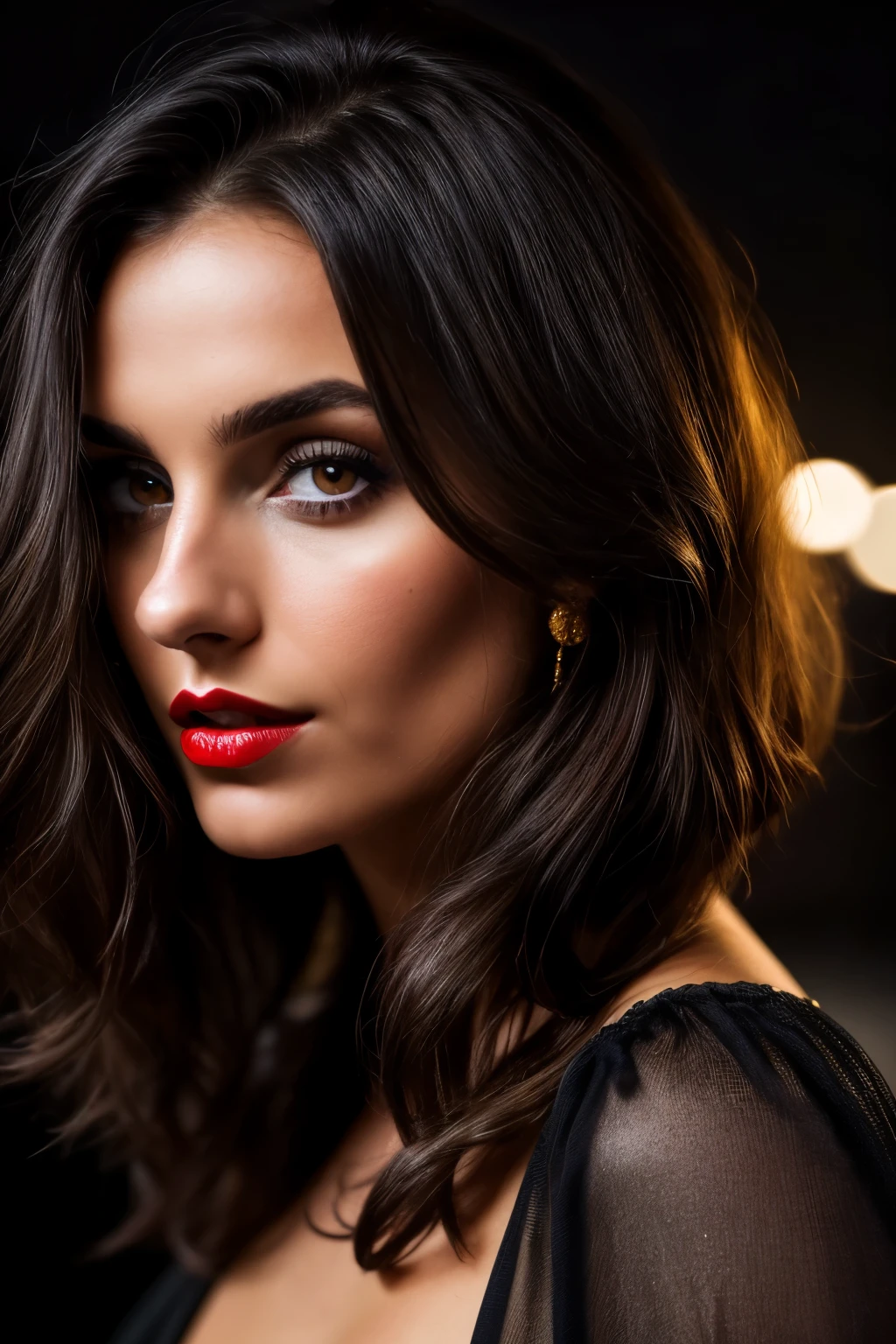 dark and gloomy, 8k, a close-up photo of a brunette woman dark background at night, hair below shoulder, dark brown hair, makeup, red lips, black blouse, gold jewelry, looking straight ahead at the viewer, hyper realistic, {a girl with extremely beautiful olive skin} {{{masterpiece}}}