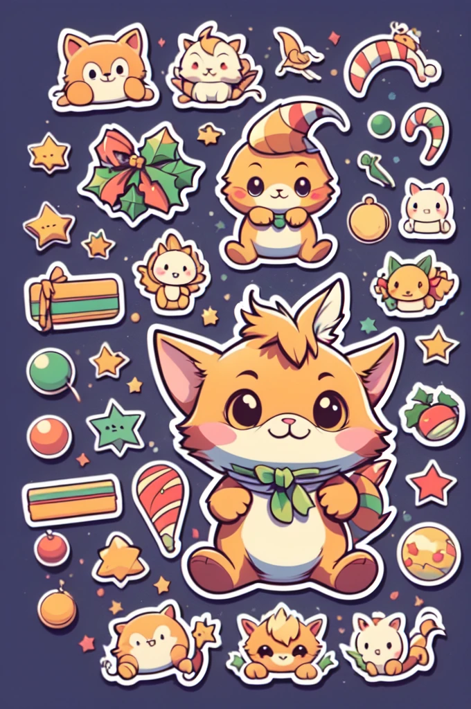 Sticker design, christmas Sticker, simpleBackground, playful, cute, stars, by Richard Scarry, enhance, intricate, (masterpiece, Representative work, official art, Professional, unity 8k wallpaper:1.3)