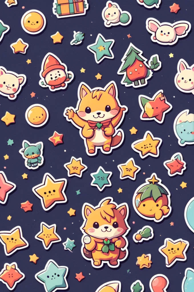 Sticker design, christmas Sticker, simpleBackground, playful, cute, stars, by Richard Scarry, enhance, intricate, (masterpiece, Representative work, official art, Professional, unity 8k wallpaper:1.3)