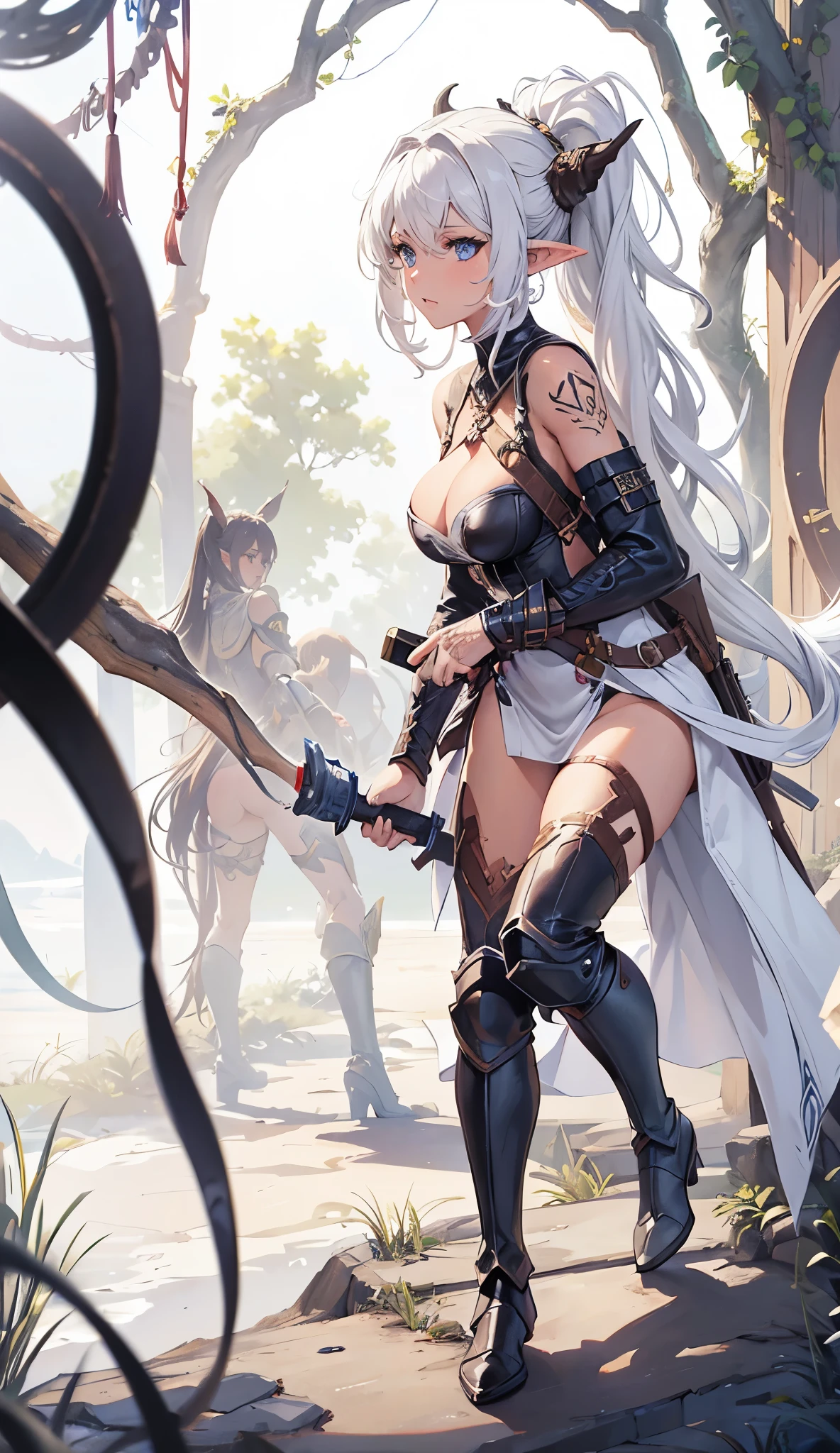 Combat action，closeup cleavage, The world of dreams, Dark Elf Maiden, curly ponytail, with brown skin , Long elven ears, humanoid creature, Light cloth armor, Her skin is brown, brown skin tone, 黑The eye, , Messy White Hair,low heel boots , armour, worn leather boots, tattoo is,bag on back