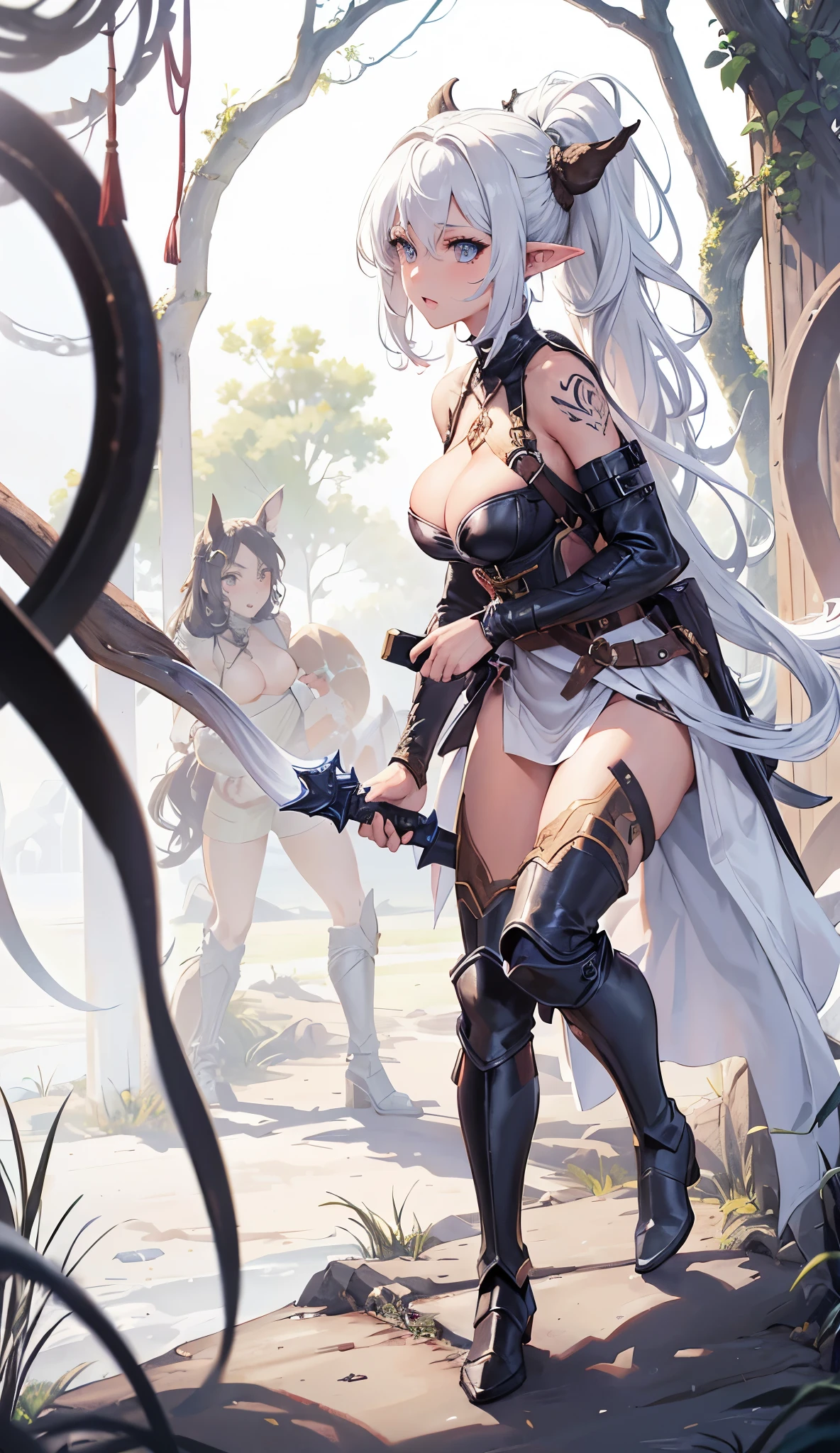 Combat action,closeup cleavage, The world of dreams, Dark Elf Maiden, curly ponytail, with brown skin , Long elven ears, humanoid creature, Light cloth armor, Her skin is brown, brown skin tone, 黑The eye, , Messy White Hair,low heel boots , armour, worn leather boots, tattoo is,bag on back