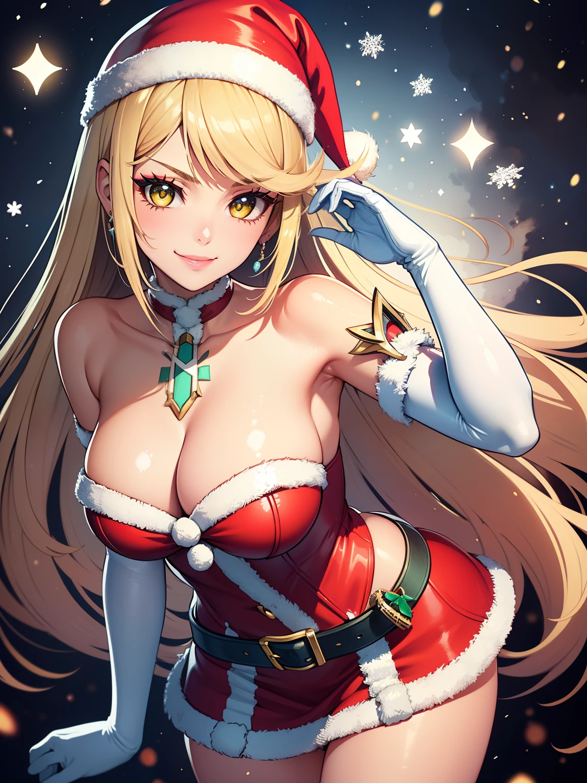 1girl, solo, masterpiece, best quality, high res, highly detailed, (illustration), beautiful detailed eyes,mythra \(xenoblade\), yellow eyes ,glossy lips, makeup, smile, long white satin elbow gloves, cowboy shot, (santa), red santa dress, santa hat, strapless dress, full body, white elbow gloves