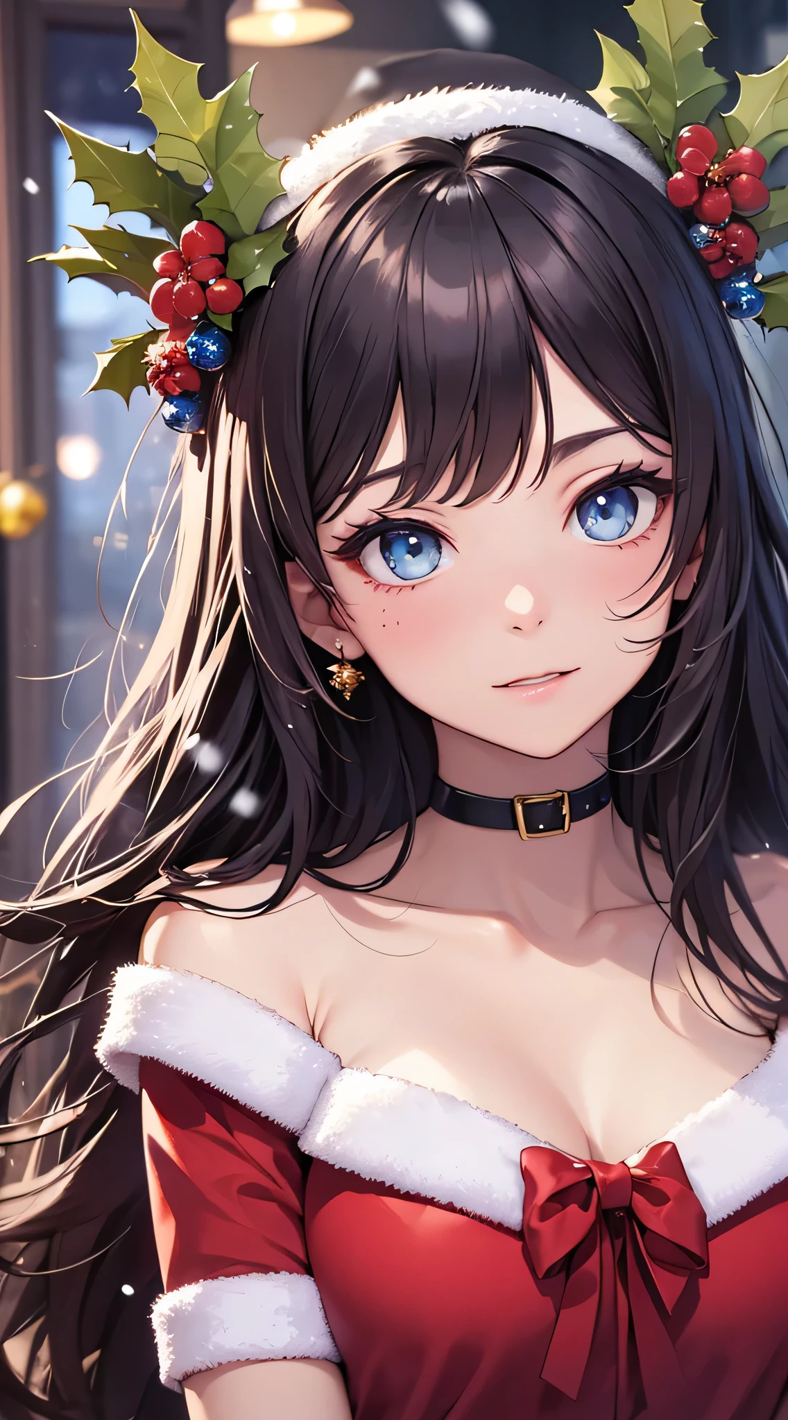 top-quality、Top image quality、masterpiece、teens girl((Cute Santa Costumes、santa style short skirt、santa style tank top、、 Ager、Best Bust、big bast,wide open breasts、Beautiful light blue eyerest, multicolored hair、A slender,Large valleys、Reflecting the whole body、Laugh、dye one's cheeks red、Red Body Paint、Red Face Paint、be shy、heart mark、face to viewer、hold the gift bag in your right hand、Gift Offerings)),hiquality、Beautiful Art、Background with(( natta、snowflakes falling、Nice and clean room.、Christmas Party、Party Venue、Christmas Lights、Christmas tree、)))、masutepiece、depth of fields,