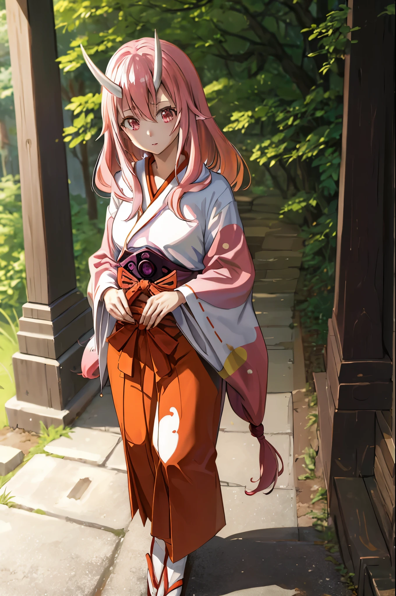 masterpiece, best quality, shuna (tensura), 1girl, solo, long hair, pink hair, oni horns, hair between eyes, kimono, hakama, fantasy town, forest, walking