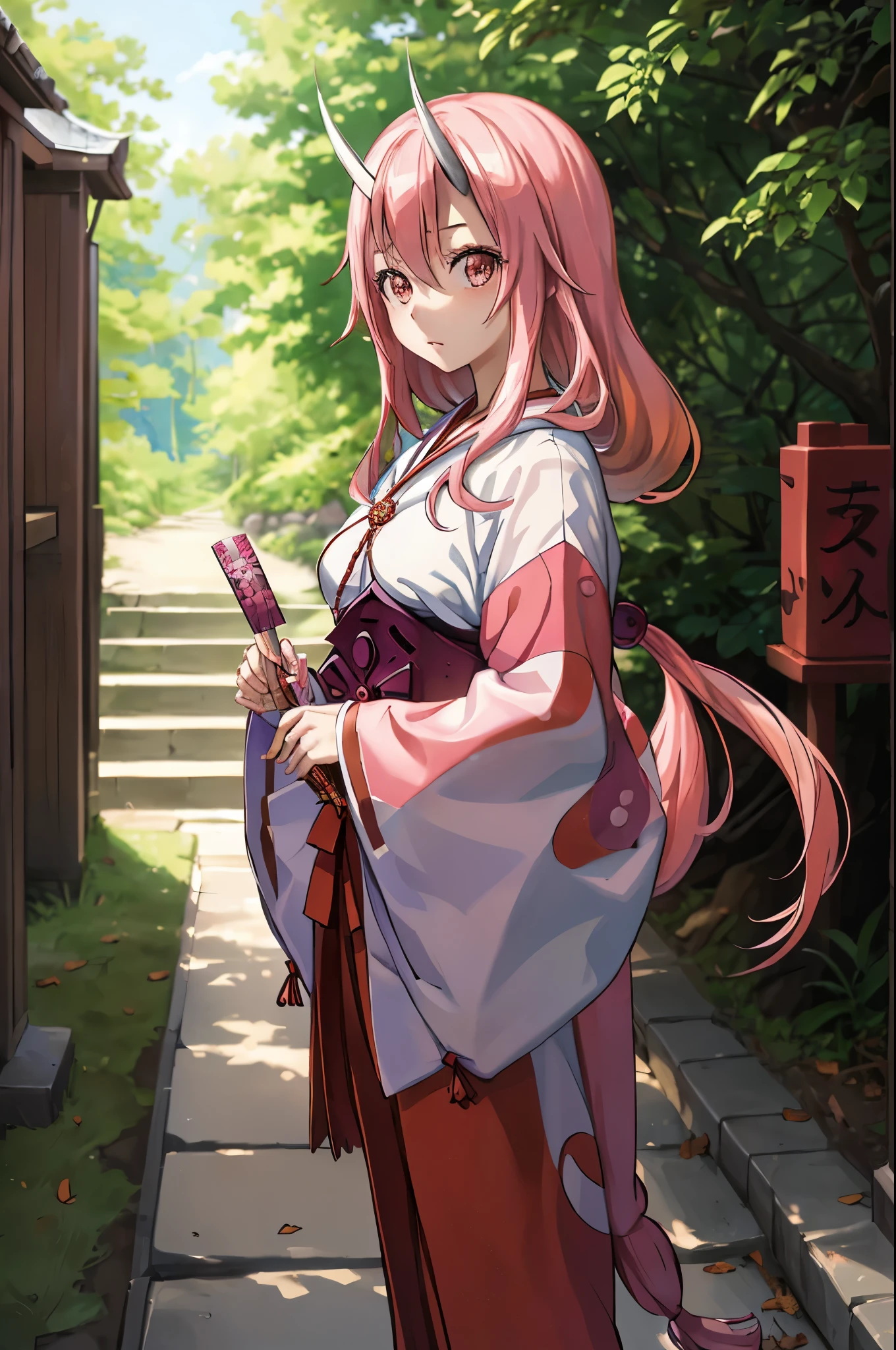 masterpiece, best quality, shuna (tensura), 1girl, solo, long hair, pink hair, oni horns, hair between eyes, kimono, hakama, fantasy town, forest, walking