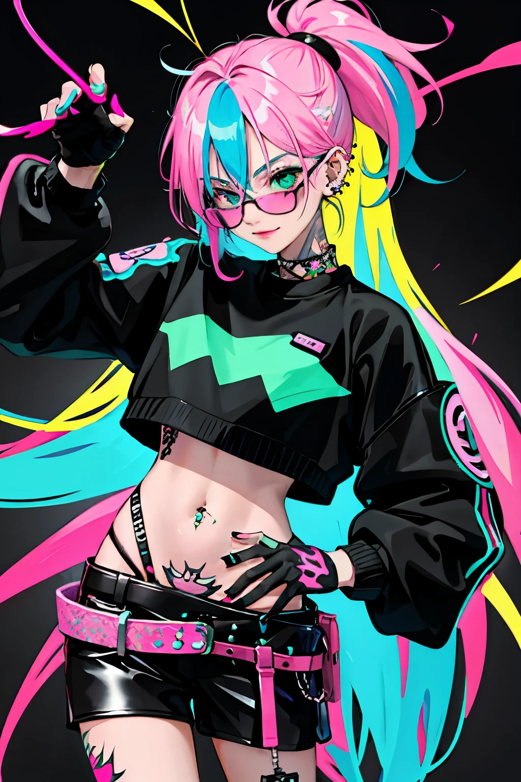 kpop girl with rizz smile face, bad ass, black gloves, bobba shake, neon cyan pink hair, tattoos on hands and neck, piercing, black mixed green striped oversized tomboy ish sweater, cool badass pose, smoke background, colorful smoke background