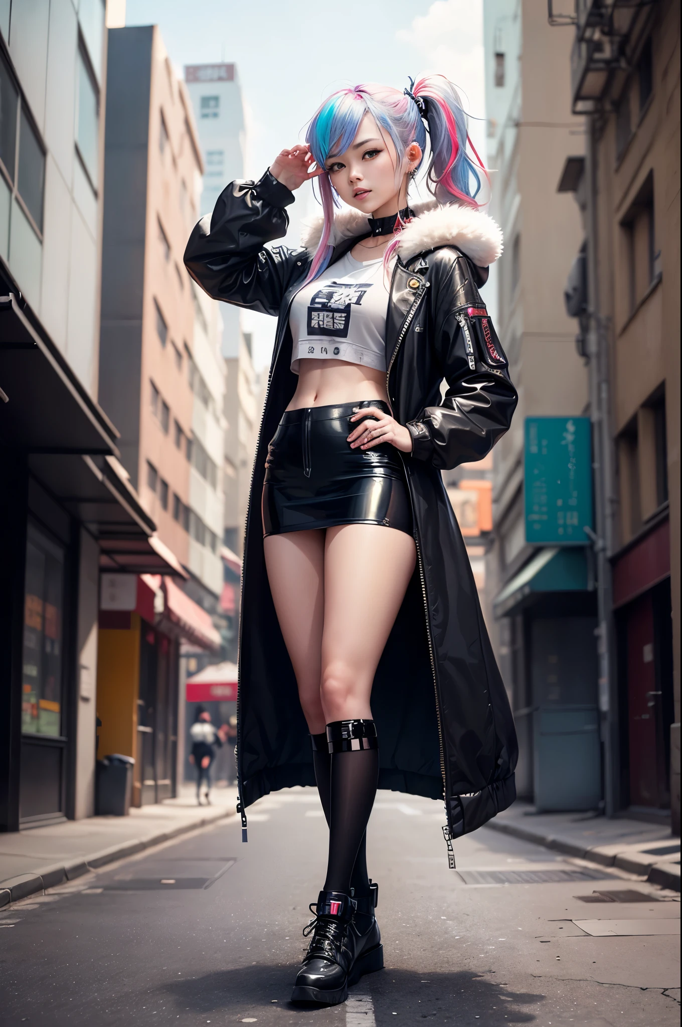 (RAW photogr, Best quality at best, tmasterpiece:1.2), (actual, photo-actual:1.4),(tmasterpiece:1.4),(Best quality at best:1.4), ((cyber punk Girl)), ,Short white shirt,Open hooded fur-trimmed down jacket,Superskirt, ((dynamicposes)), (((Cyberpunk city street background))), hair intakes, ((shapeless long hair)), looking at viewert, ssmile, (((upper legs间隙))), upper legs, Very long hair, multicolour hair, alice \(Nikke\),(Glossy glossy skin),actual.