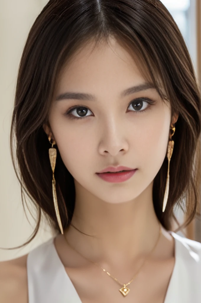 (Photoreal Stick:1.5, masutepiece:1.5, 8K), (top-quality, masterpiece, 超A high resolution), ((Face Sharp Focus)), Professional camera work:1.1, Highly detailed skin and facial texture:1.3,, Grow Light Effect, The ultra-detailliert:1.3, 1girl in, Fair skin, (Sense of clarity:1.5), Extremely beautiful face:1.3, Sense of clarityを感じる目:0.9, Enraptured look:1.0, i love you completely:0.8, slightly open mouth:0.5, Sense of clarityを感じる口当たり:0.7, Kamimei, 二重まぶた, Dark brown medium hair, necklace and earrings