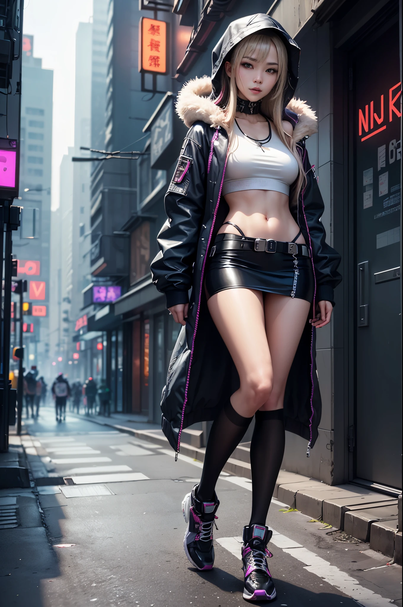 (RAW photogr, Best quality at best, tmasterpiece:1.2), (actual, photo-actual:1.4),(tmasterpiece:1.4),(Best quality at best:1.4), ((cyber punk Girl)), ,Short white shirt，Open hooded fur-trimmed down jacket，Superskirt， ((dynamicposes)), (((Cyberpunk city street background))), hair intakes, ((shapeless long hair)), looking at viewert, ssmile, (((upper legs间隙))), upper legs, Very long hair, multicolour hair, alice \(Nikke\),(Glossy glossy skin),actual.