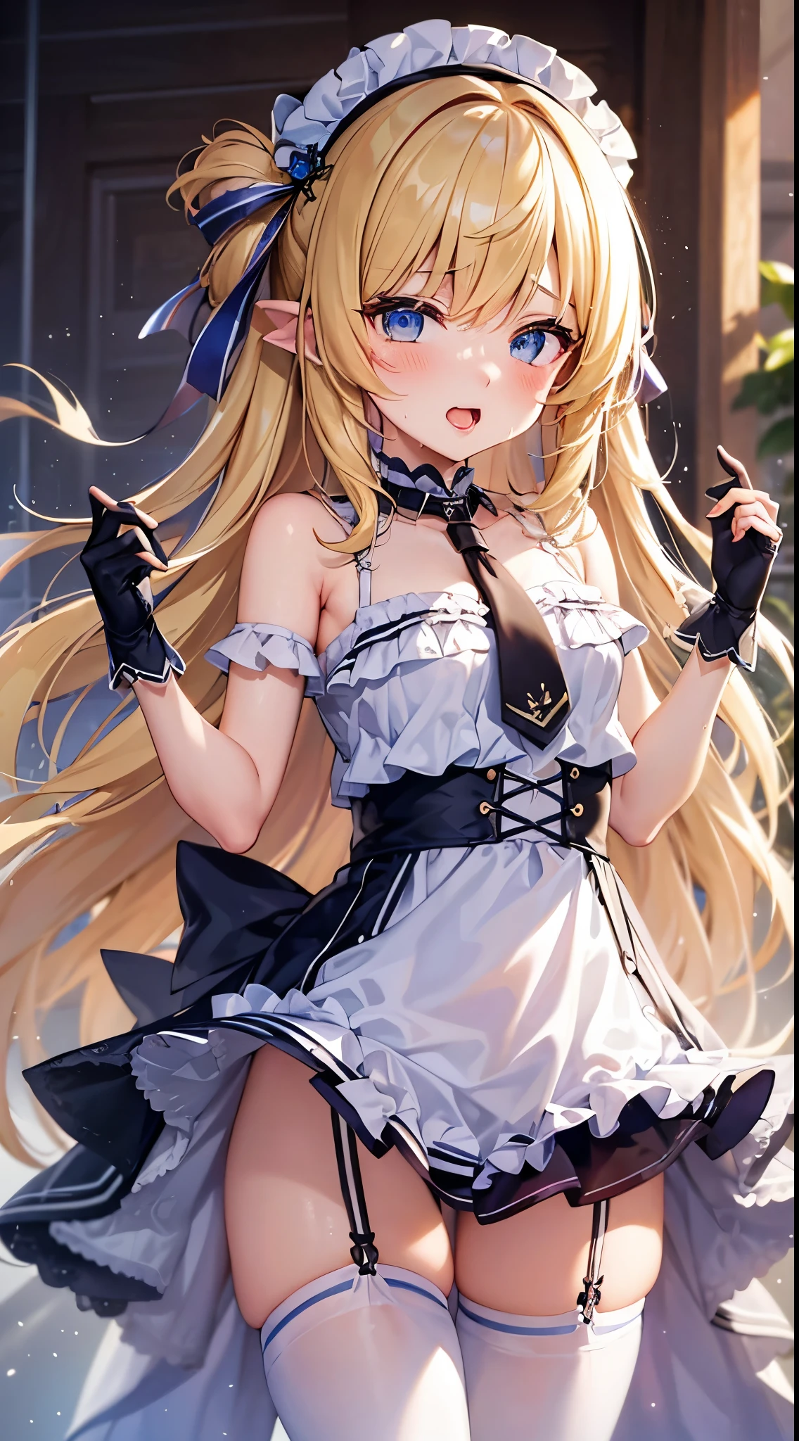 anime girl with long blonde hair and blue eyes in a white dress, small curvy , blonde anime girl with long hair, anime goddess, seductive anime girl, render of april, ecchi, from the azur lane videogame, splash art anime loliegao, loli in s, loli, pixiv , ahegao, blush, sweat, open mouth, rolling eyes, tears, tongue out, lifted by self, skirt lift,