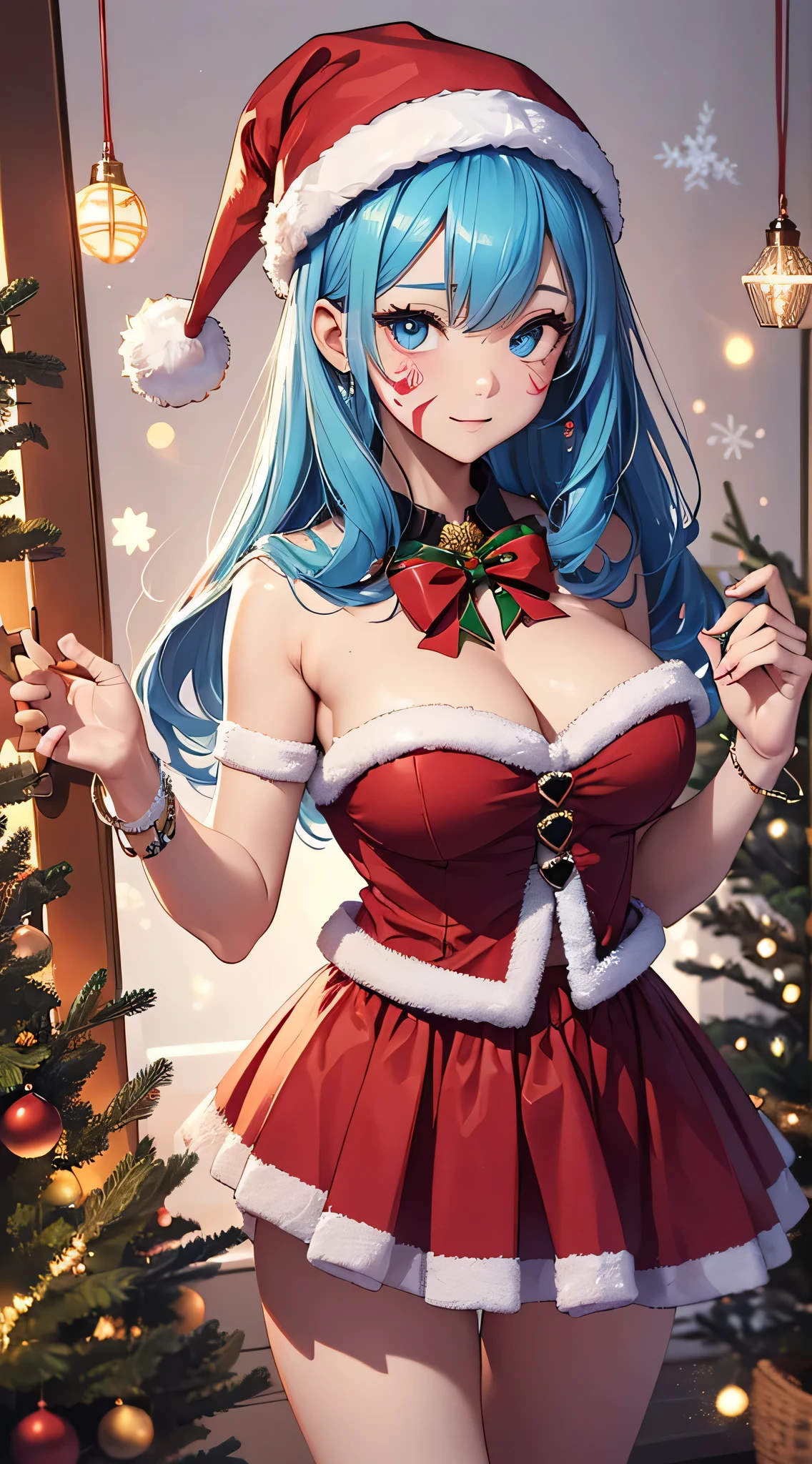 top-quality、Top image quality、​masterpiece、teens girl((Cute Santa Costumes、santa style short skirt、santa style tank top、、 Ager、Best Bust、big bast,wide open breasts、Beautiful light blue eyerest, multicolored hair、A slender,Large valleys、Reflecting the whole body、Laugh、dye one's cheeks red、Red Body Paint、Red Face Paint、be shy、heart mark、face to viewer、hold the gift bag in your right hand、Spin Dance)),hiquality、Beautiful Art、Background with(( natta、snowflakes falling、Nice and clean room.、Christmas Party、Party Venue、Christmas Lights、Christmas tree、)))、masutepiece、depth of fields,