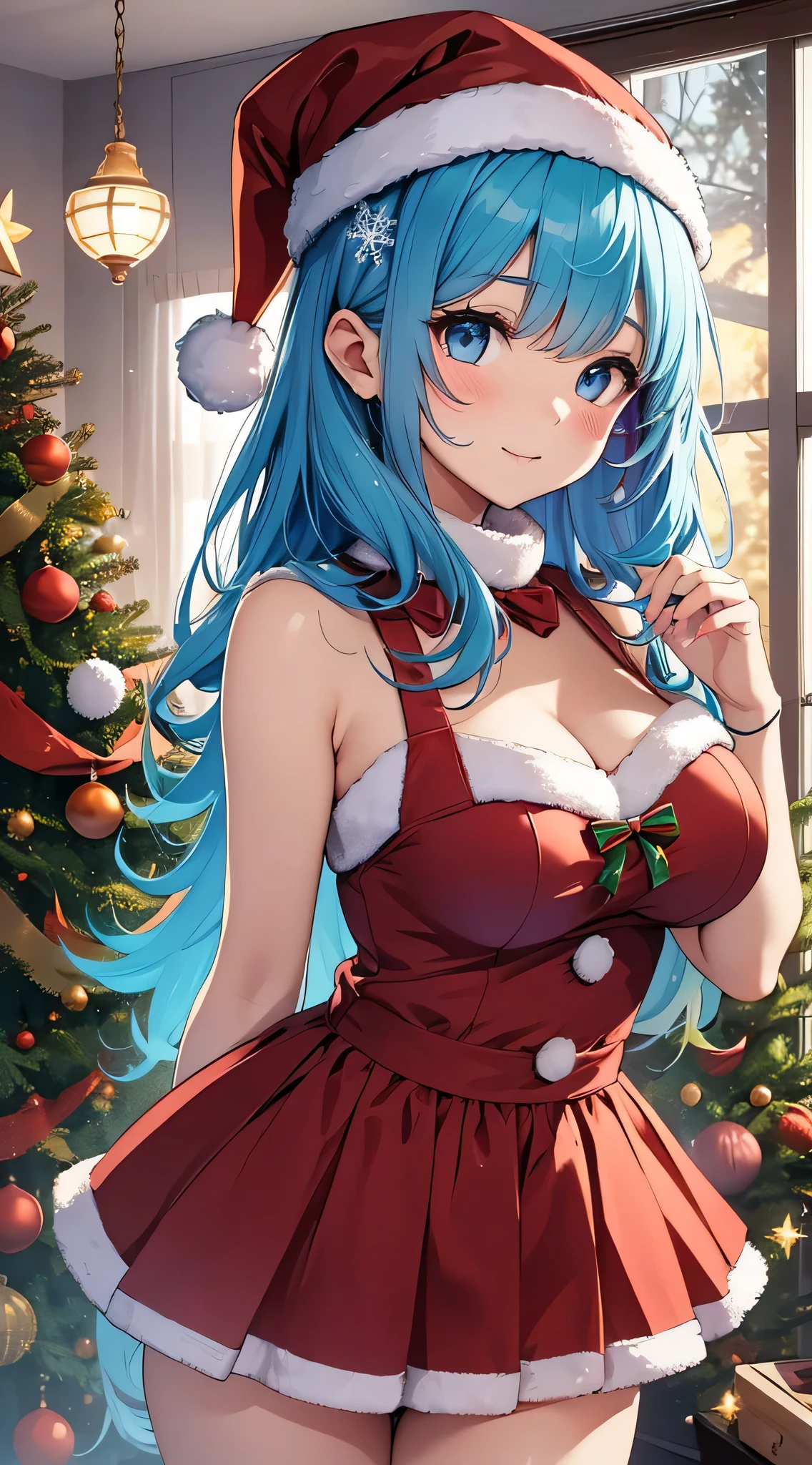top-quality、Top image quality、masterpiece、teens girl((Cute Santa Costumes、santa style short skirt、santa style tank top、sixteen years old、 Ager、Best Bust、big bast,wide open breasts、Beautiful light blue eyerest, multicolored hair、A slender,Large valleys、Reflecting the whole body、Laugh、dye one's cheeks red、Red Body Paint、Red Face Paint、be shy、heart mark、face to viewer、hold the gift bag in your right hand、Spin Dance)),hiquality、Beautiful Art、Background with(( natta、snowflakes falling、Nice and clean room.、Christmas Party、Party Venue、Christmas Lights、Christmas tree、)))、masutepiece、depth of fields,