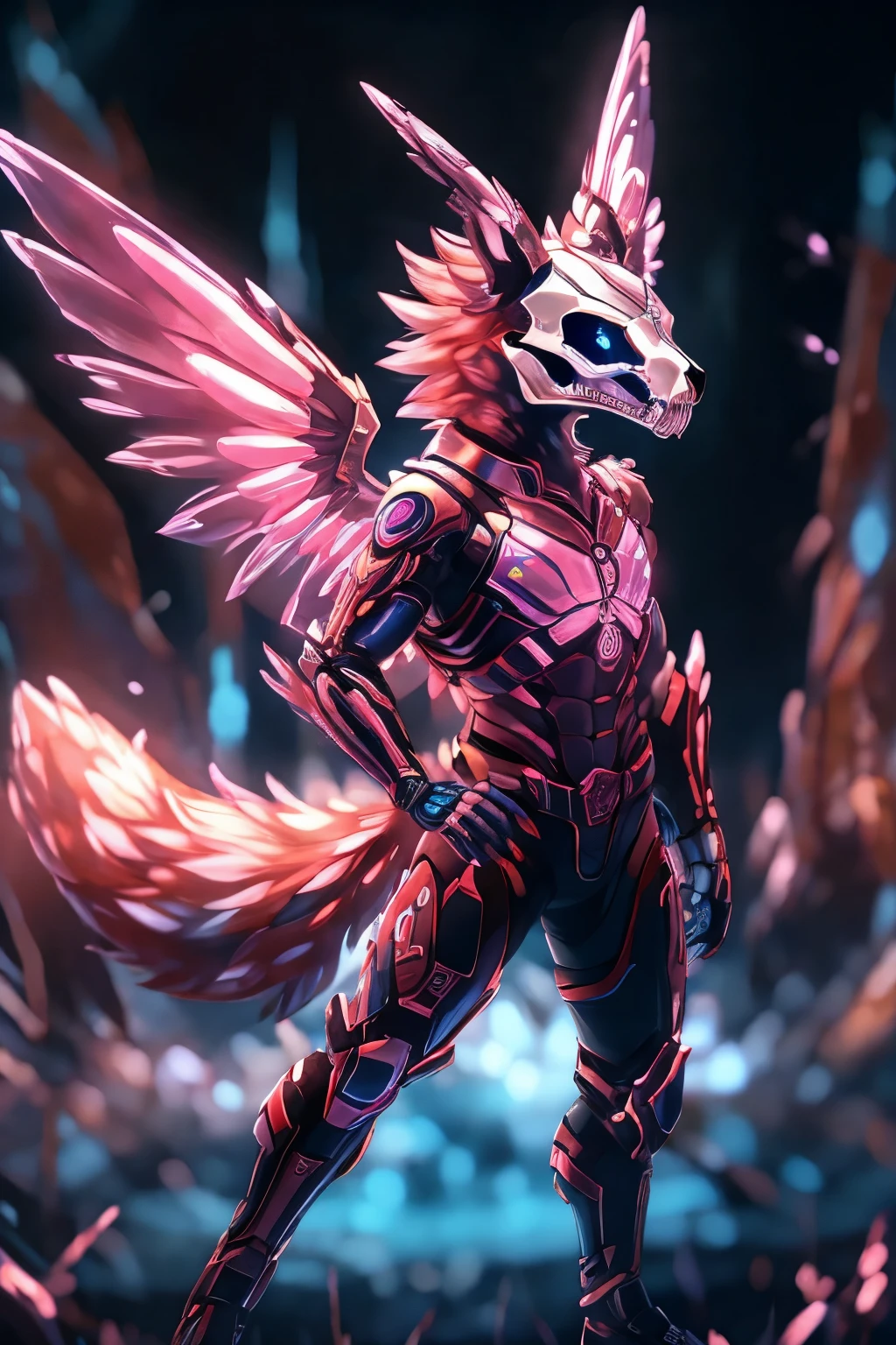 a pink glowing fox with a metalic cyborg android looking fox skull as a face with metal claws bleu glowing wings floathing around his back