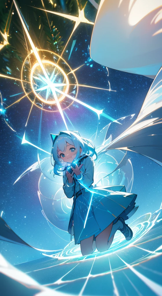 Kneeling and happy pose、kawaii girl、Lori face、((Christmas tree that emits fantastic light))、((((A vortex of dazzling blue-white light all around you))))、lens flare, shining, aureole, glitch, luminous,illusion effect、cardigan