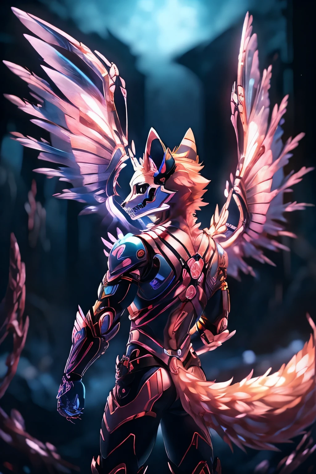 a pink glowing fox with a metalic cyborg android looking fox skull as a face with metal claws bleu glowing wings floathing around his back