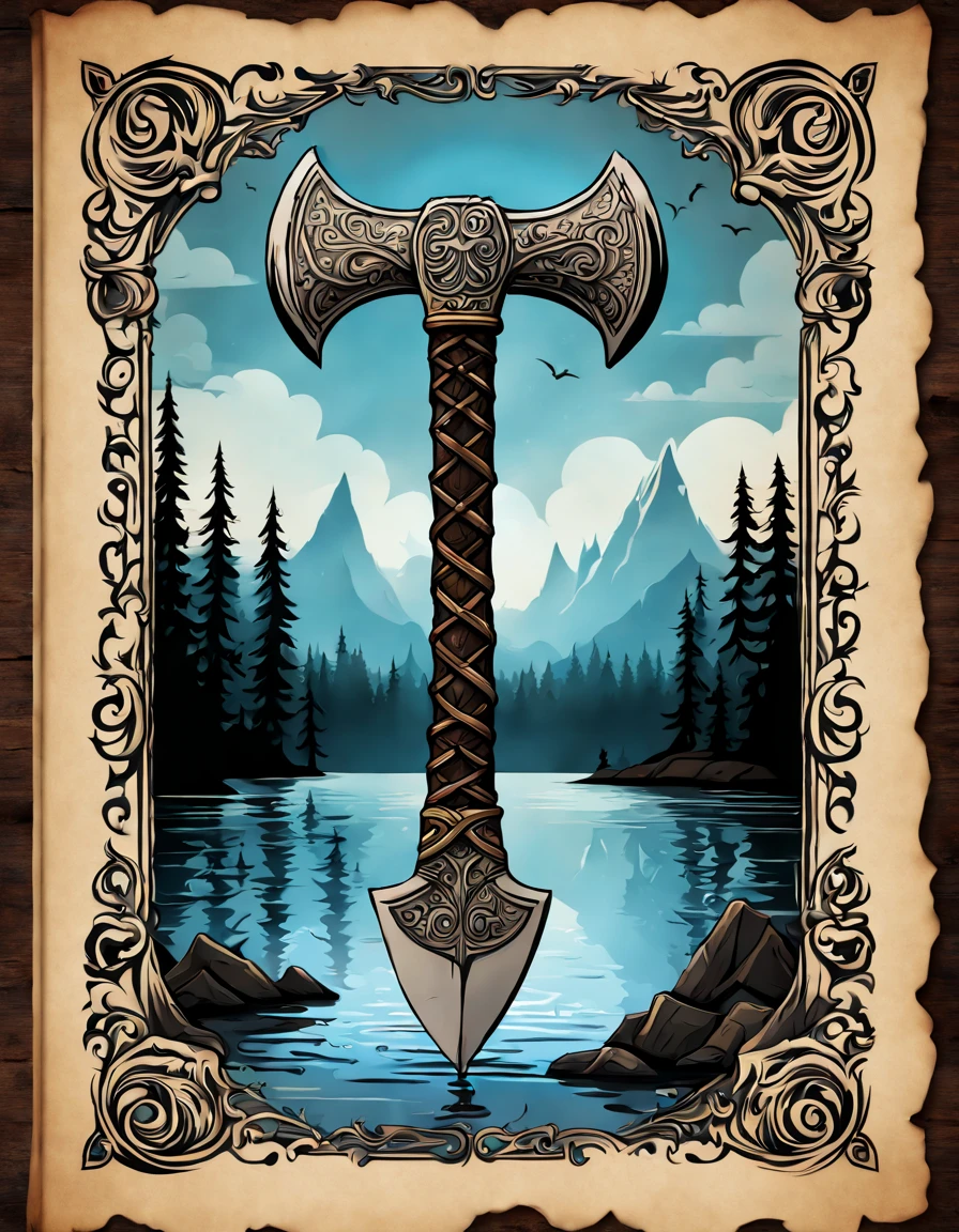 Cute Cartoon, CuteCartoonAF, (cute cartoon style:1.3), (on an antique book page with gothic ornate:1.3). | ((distant view of a legendary "viking ax" floating)) above a lake, surrounded by tall forest. | The "viking ax" has divine captivating aura, glowing with soft blue light.| More_Detail