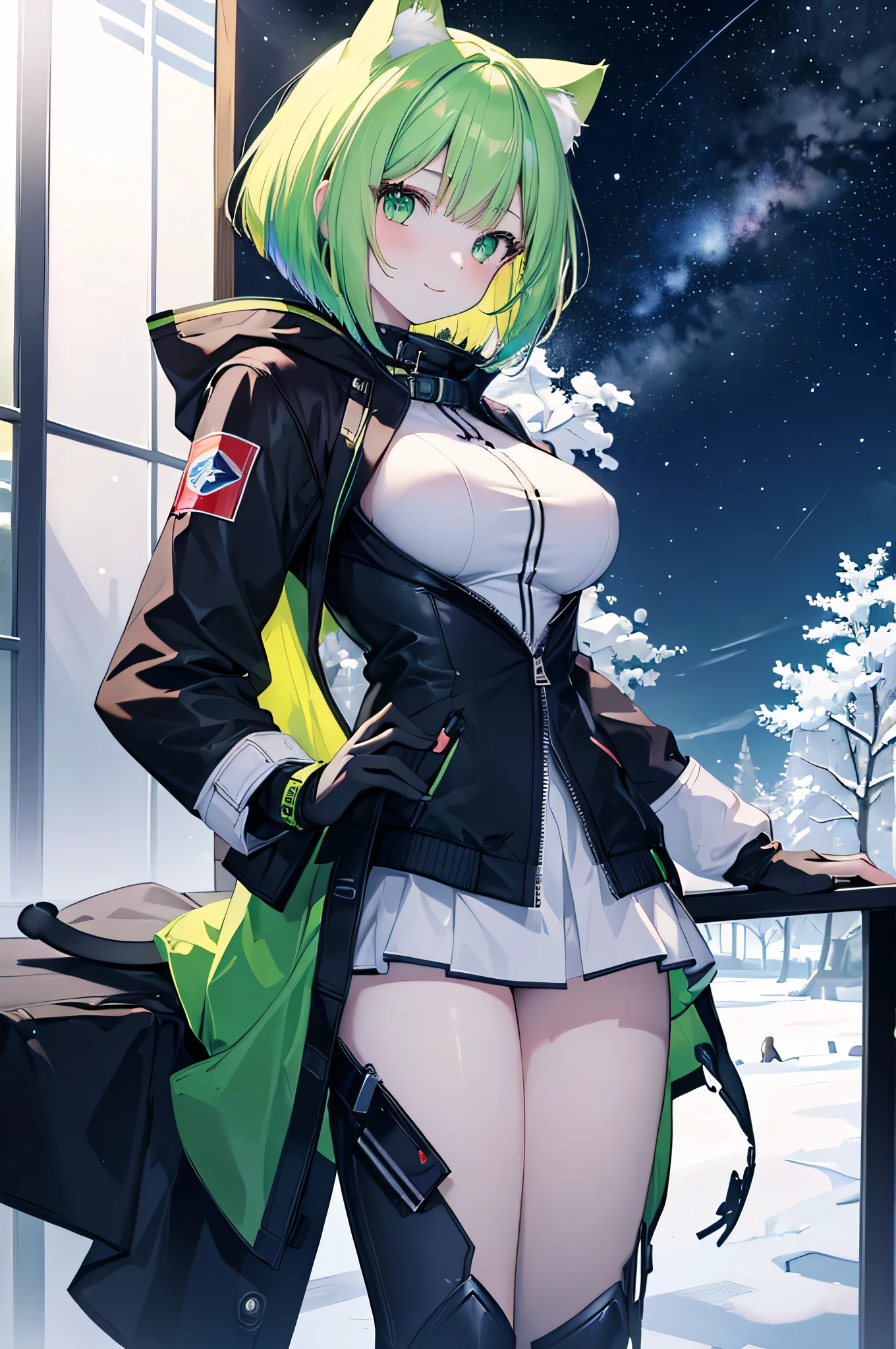 ((masutepiece)), ((Best Quality)), ((8K)), High resolution, 1girl in, Cat ears, pale skin, Large breasts, Green eye, multicolored hair, bob cuts, jaket, Winters, yuki, Starry night sky, Smile,