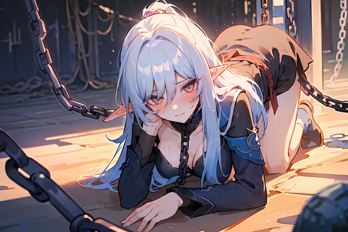 ((tmasterpiece)), hyper HD, 凌乱的the hair, (Slightly expose the, Slender, Shyness blush), (Tethered to a steel chain like a pet, Heavy), ctextured skin, the hair, Sexy and beautiful, kneels on the ground, Dirty basement,the elf,Few clothes
