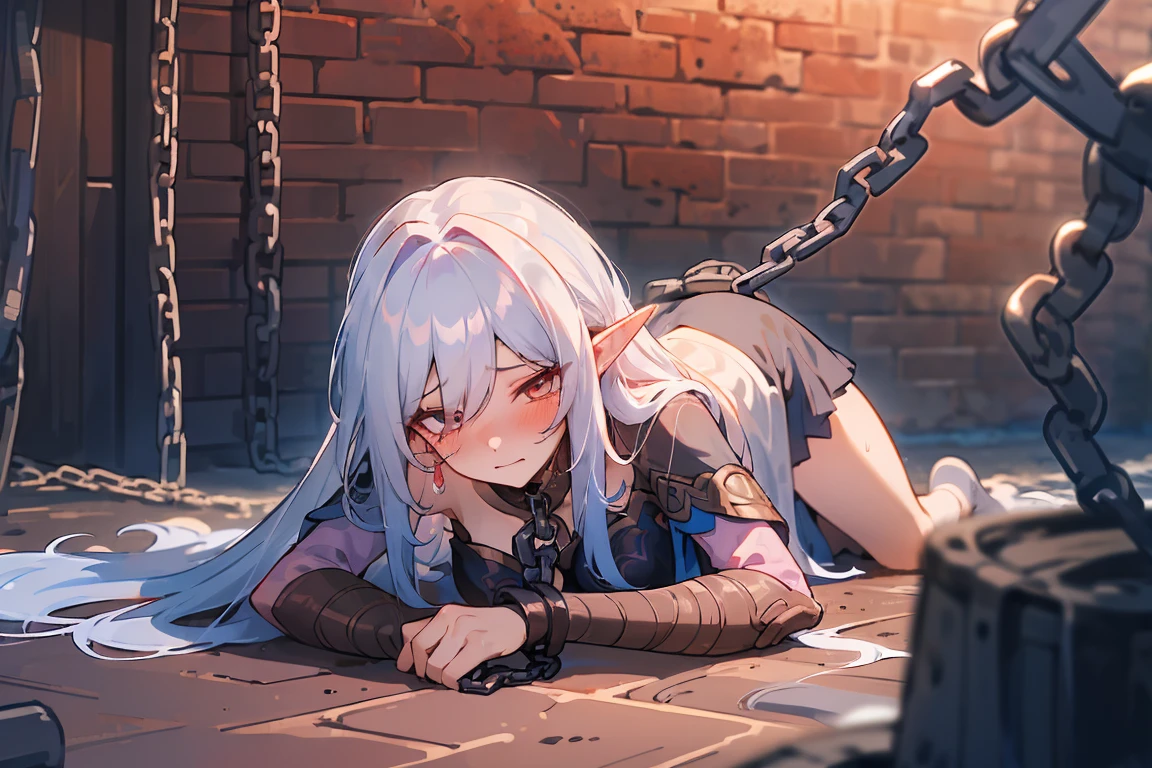 ((tmasterpiece)), hyper HD, 凌乱的the hair, (Slightly expose the, Slender, Shyness blush), (Tethered to a steel chain like a pet, Heavy), ctextured skin, the hair, Sexy and beautiful, kneels on the ground, Dirty basement,the elf,Few clothes