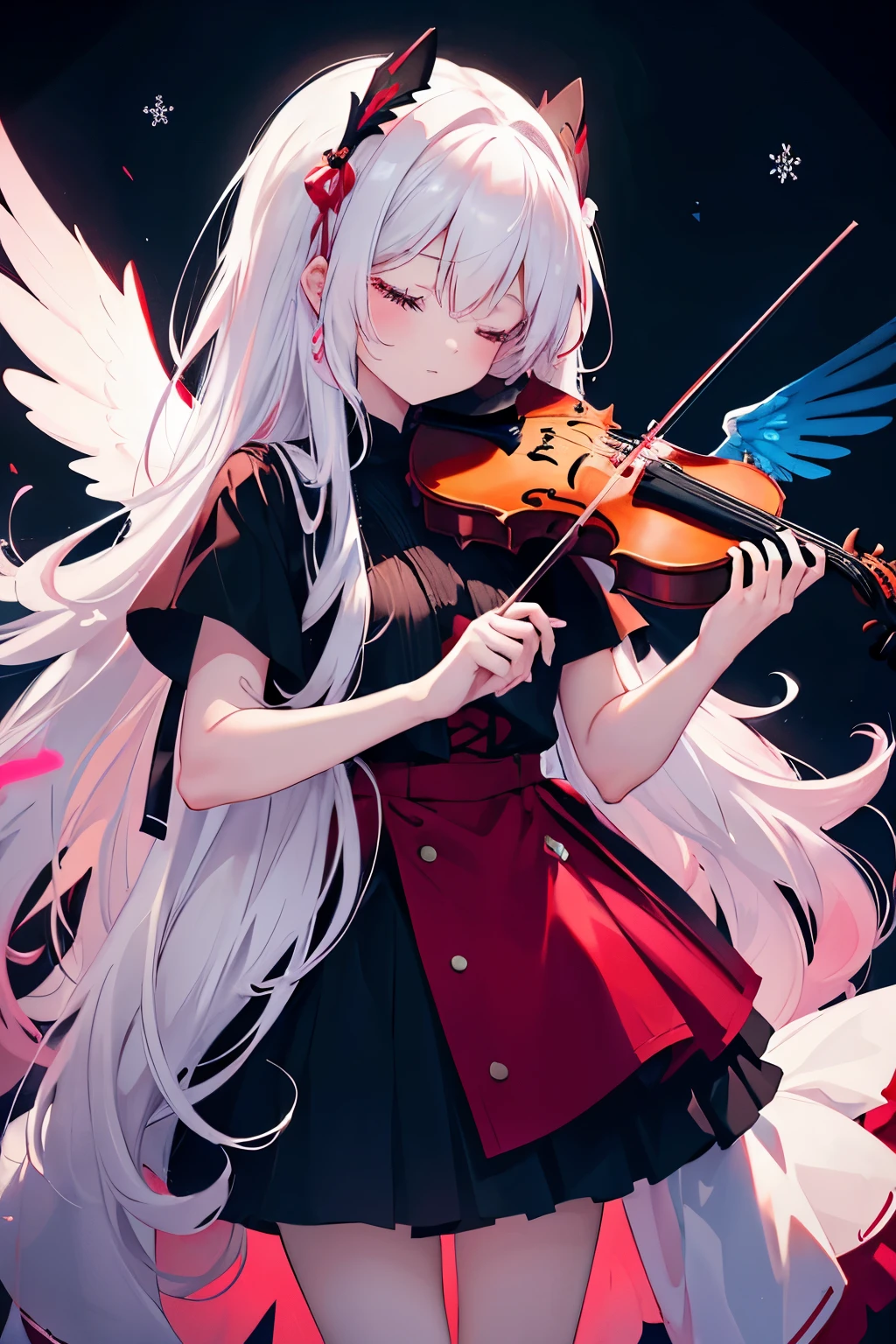 tiny girl with long white hair, wearing red outfit christmas style, happy, playing violin, eyes closed, slim, harmless, big black big sixed angel wings, sit pose, bad ass,glowing clotheest quality, serious,Neon pink and blue Light, neon style
