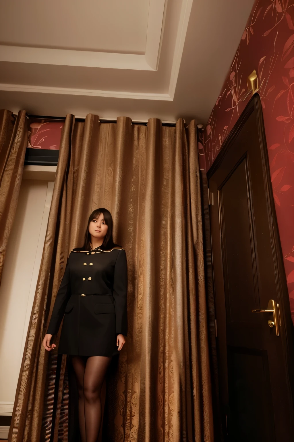 There is a woman standing in front of the curtains of the room, stand near window, Wearing a black noble suit, Shooting time 2 0 2 0, Shot with Canon 80D, Standing in a dimly lit room, Stand in the corner of the room, Height 155 cm, Height 165 cm, Pose in the bedroom, Wide-angle panorama