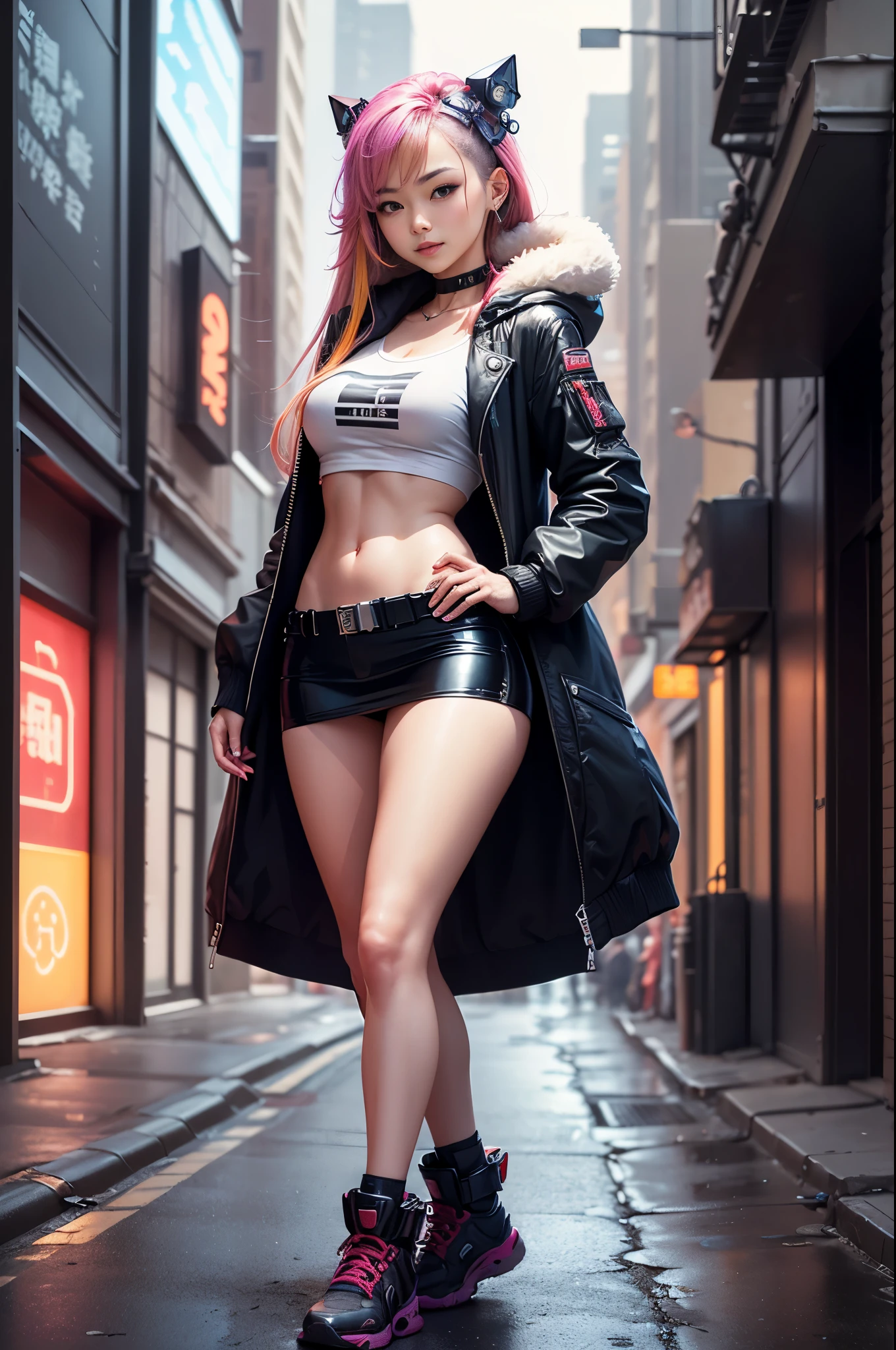 (RAW photos, Best quality, tmasterpiece:1.2), (actual, photo-actual:1.4),(tmasterpiece:1.4),(Best quality:1.4), ((cyber punk Girl)), ,Short white shirt,Open hooded fur-trimmed down jacket,Red miniskirt,((dynamicposes)), (((Cyberpunk city street background))), hair intakes, ((shapeless long hair)), looking at viewert, ssmile, (((upper legs间隙))), upper legs, Very long hair, multicolour hair, alice \(Nikke\),(Glowing and radiant skin),actual.
