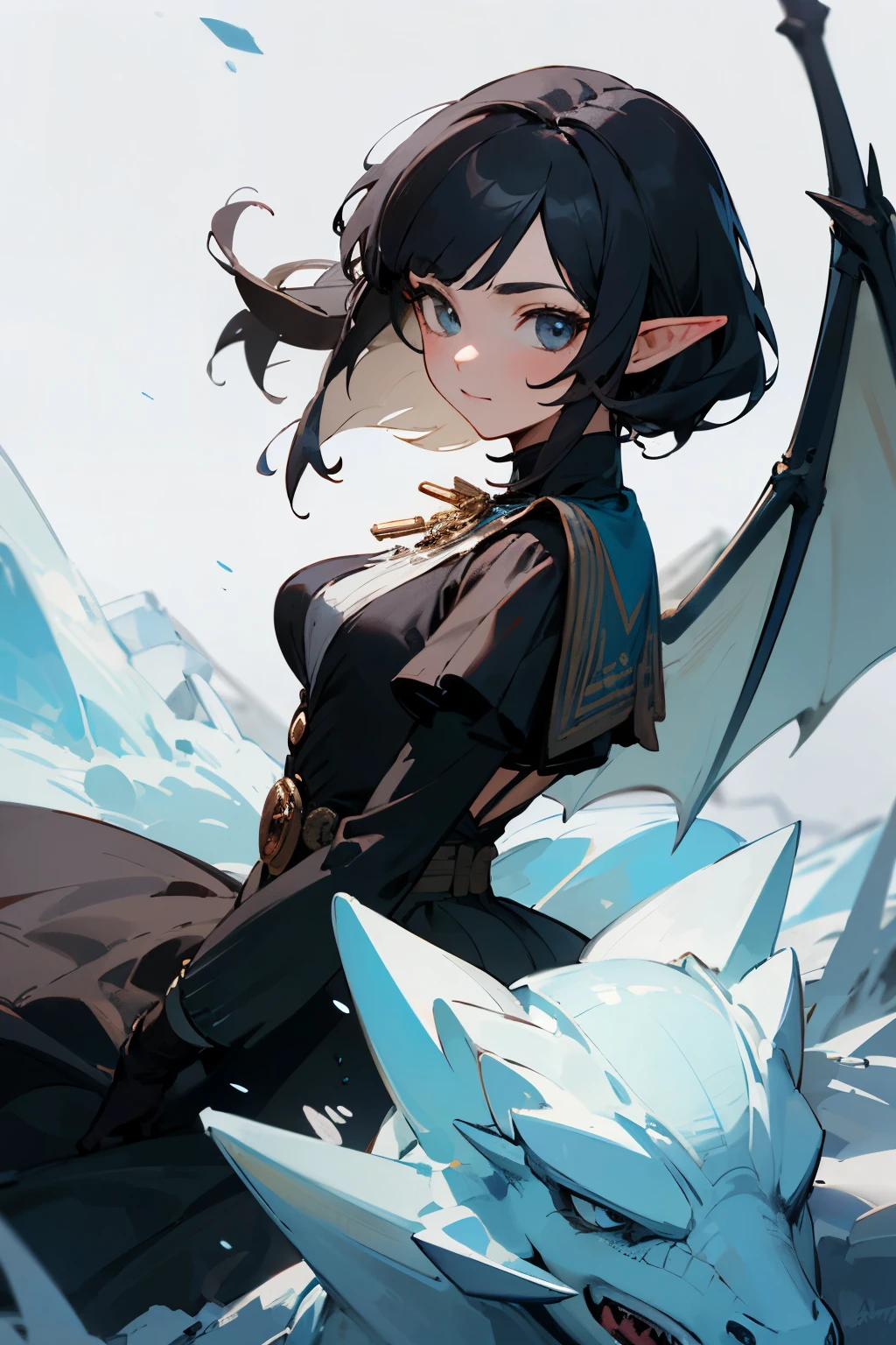 ((best quality)), ((Meisterwerk)), (Detailliert), Perfect face beautiful little black-haired woman in elf style next to a powerful ice dragon